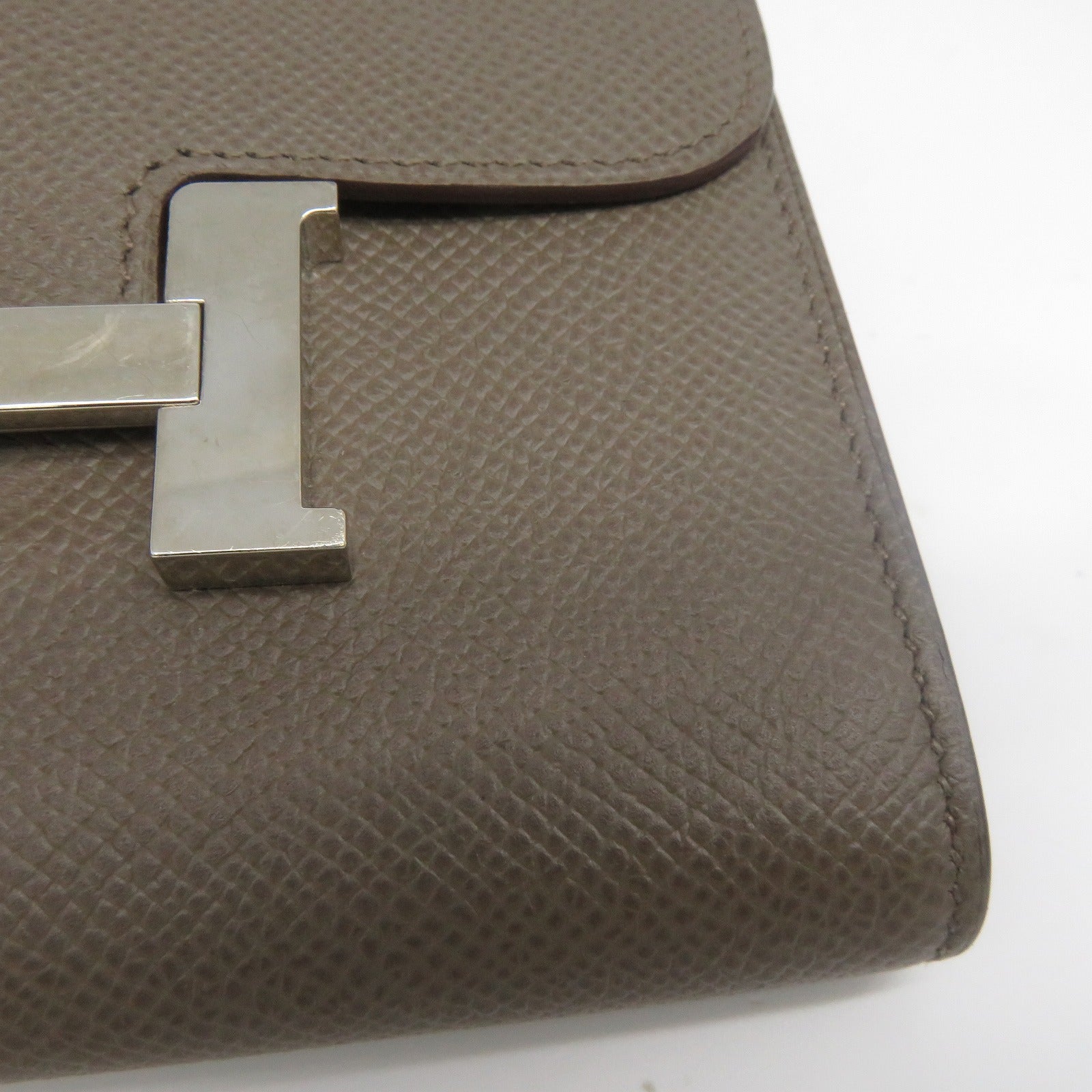 HERMES Epsom皮革Constance Compact Wallet銀扣錢包灰色