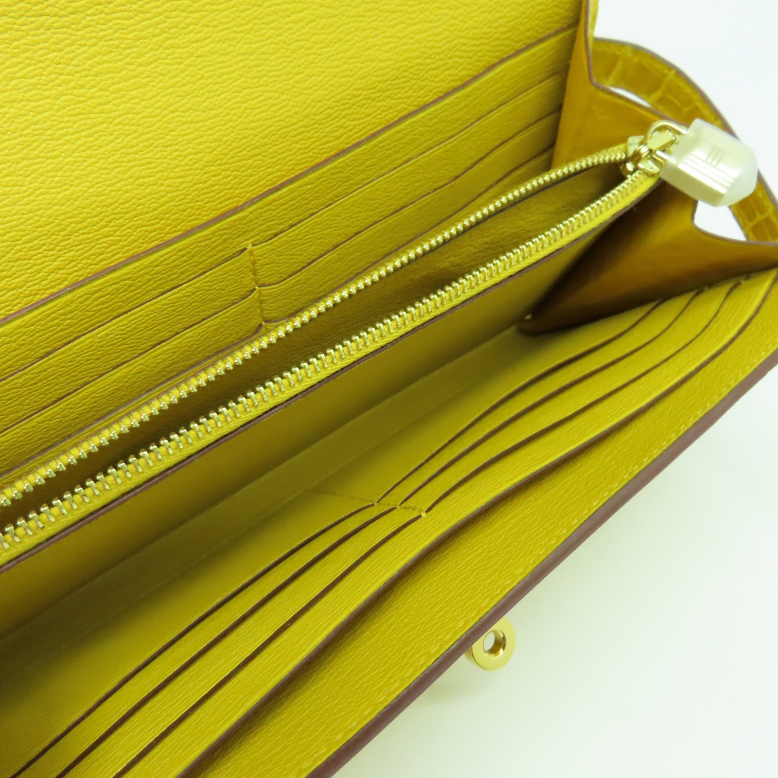 HERMES 鱷魚皮革Kelly Wallet金扣長錢包黃色
