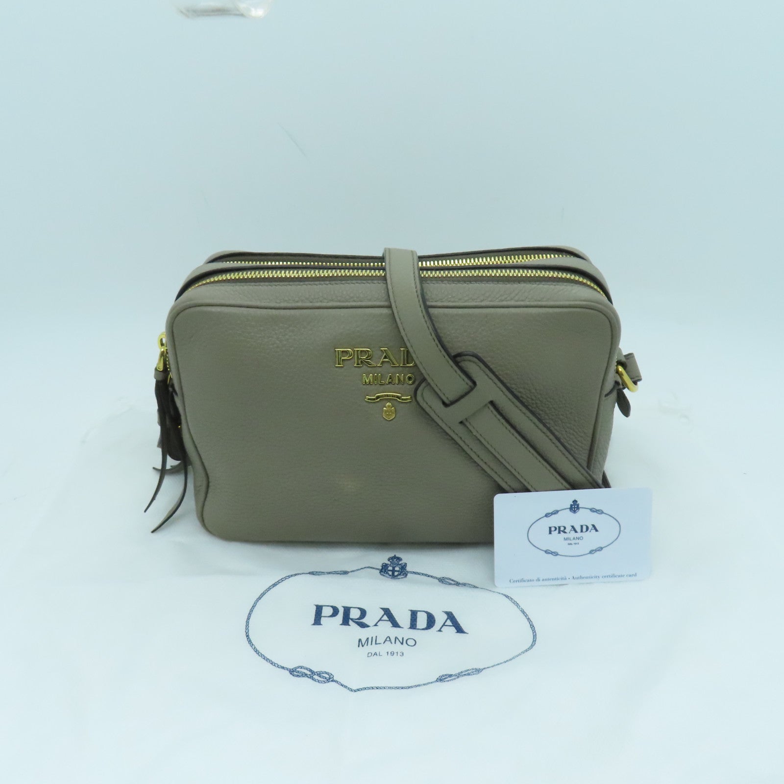 PRADA Leather Shoulder Bag Gold Buckle Gray
