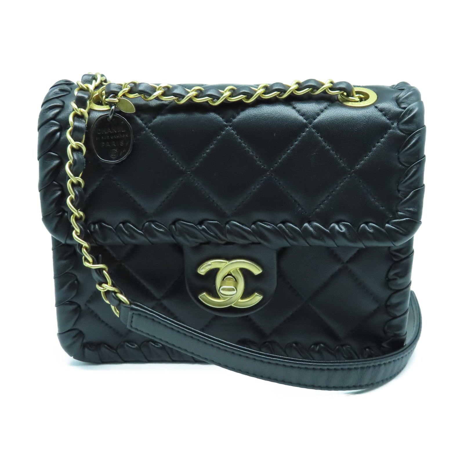 CHANEL 菱格羊皮皮革Mini Flap Bag金扣链带肩背袋黑色