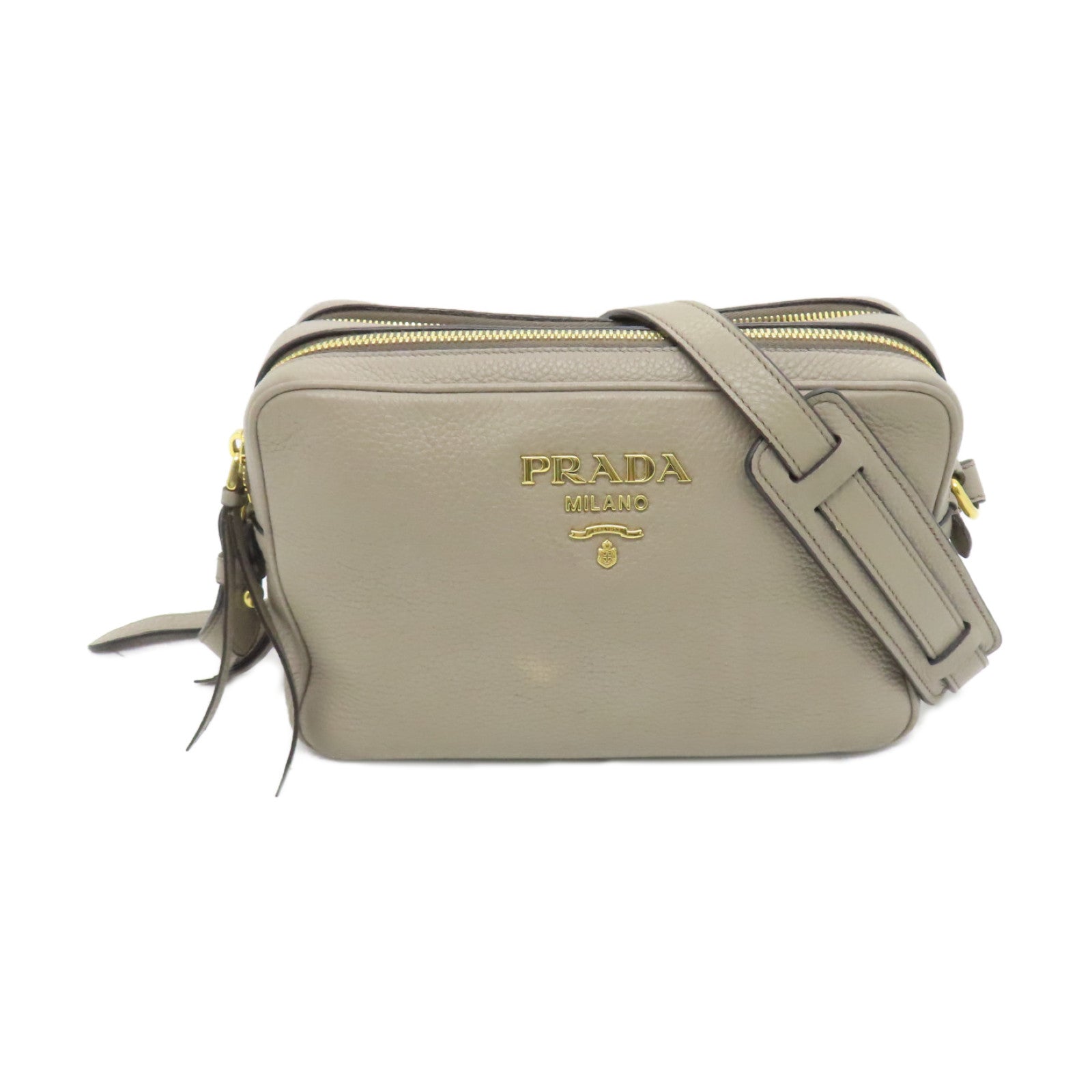 PRADA Leather Shoulder Bag Gold Buckle Gray