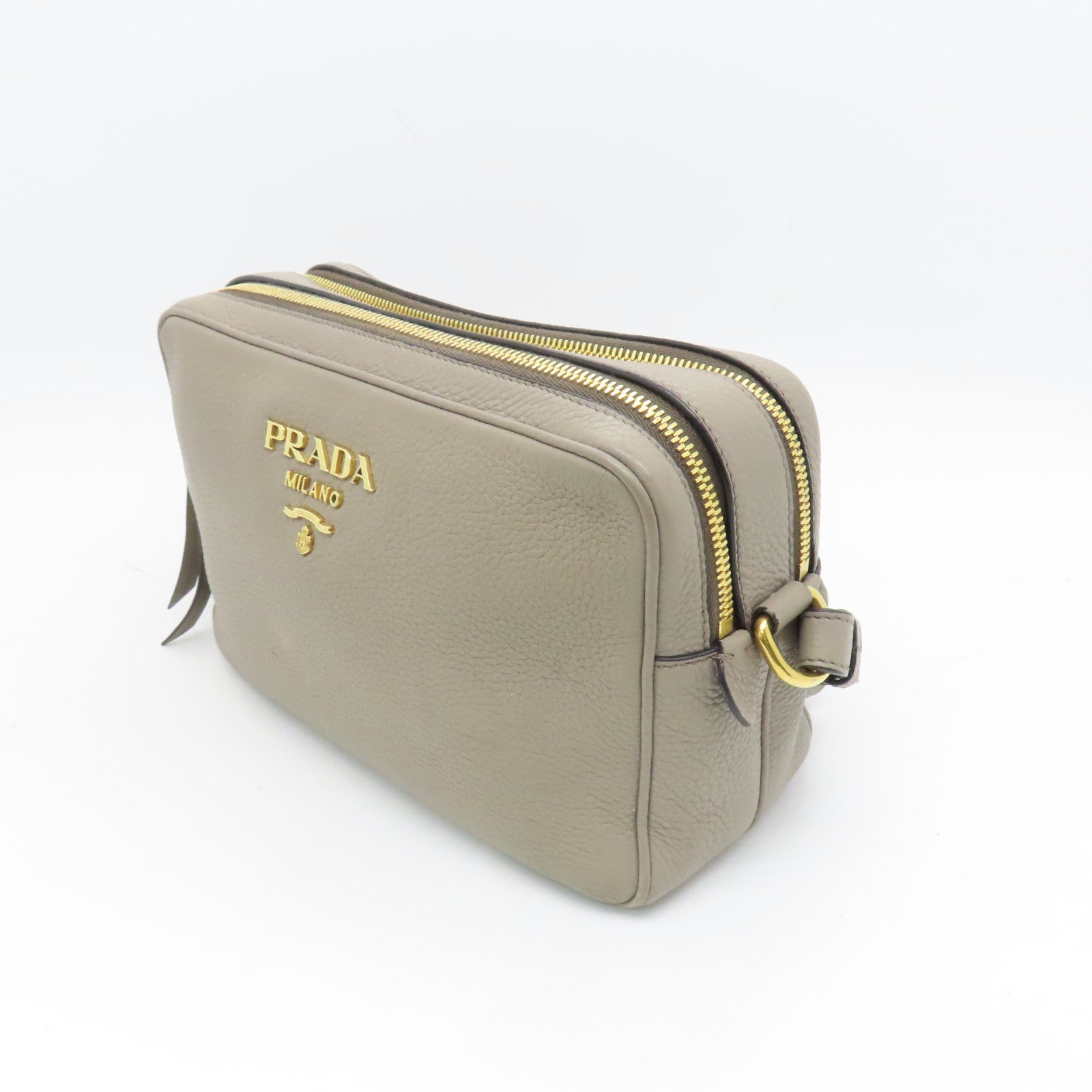 PRADA Leather Shoulder Bag Gold Buckle Gray