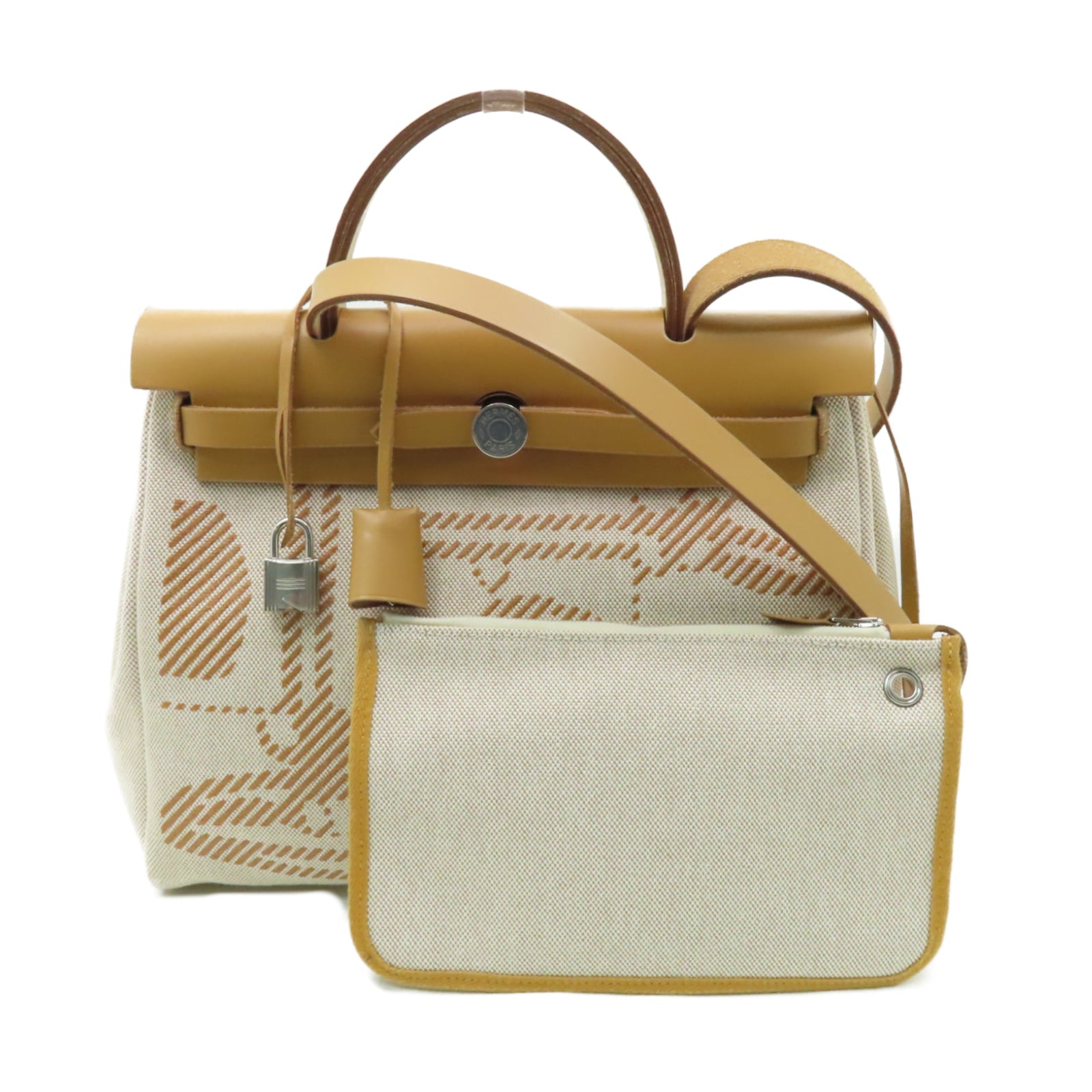 HERMES 帆布Herbag PM銀扣手挽肩背兩用袋Naturel Sable/Ecru米色/棕色