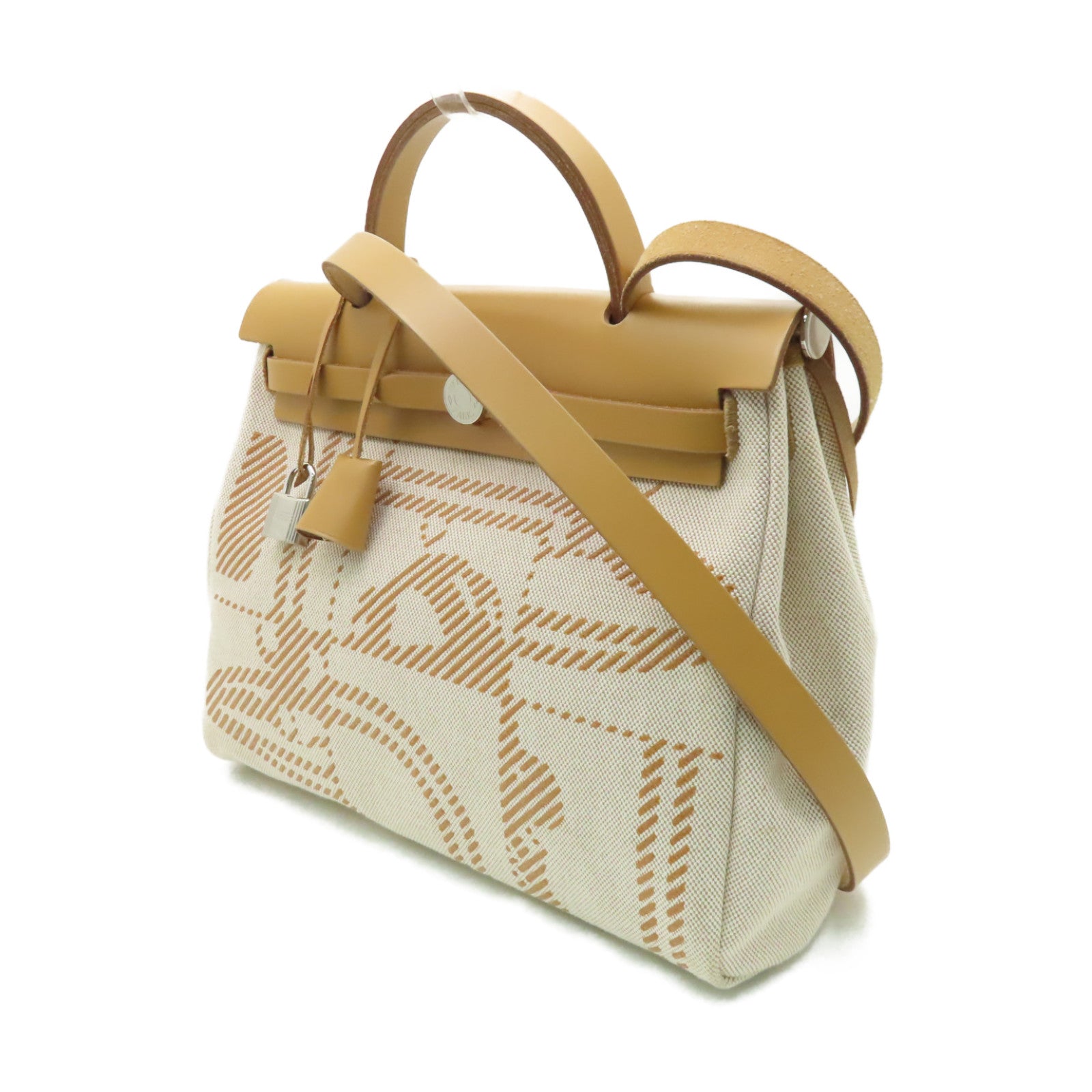 HERMES 帆布Herbag PM銀扣手挽肩背兩用袋Naturel Sable/Ecru米色/棕色