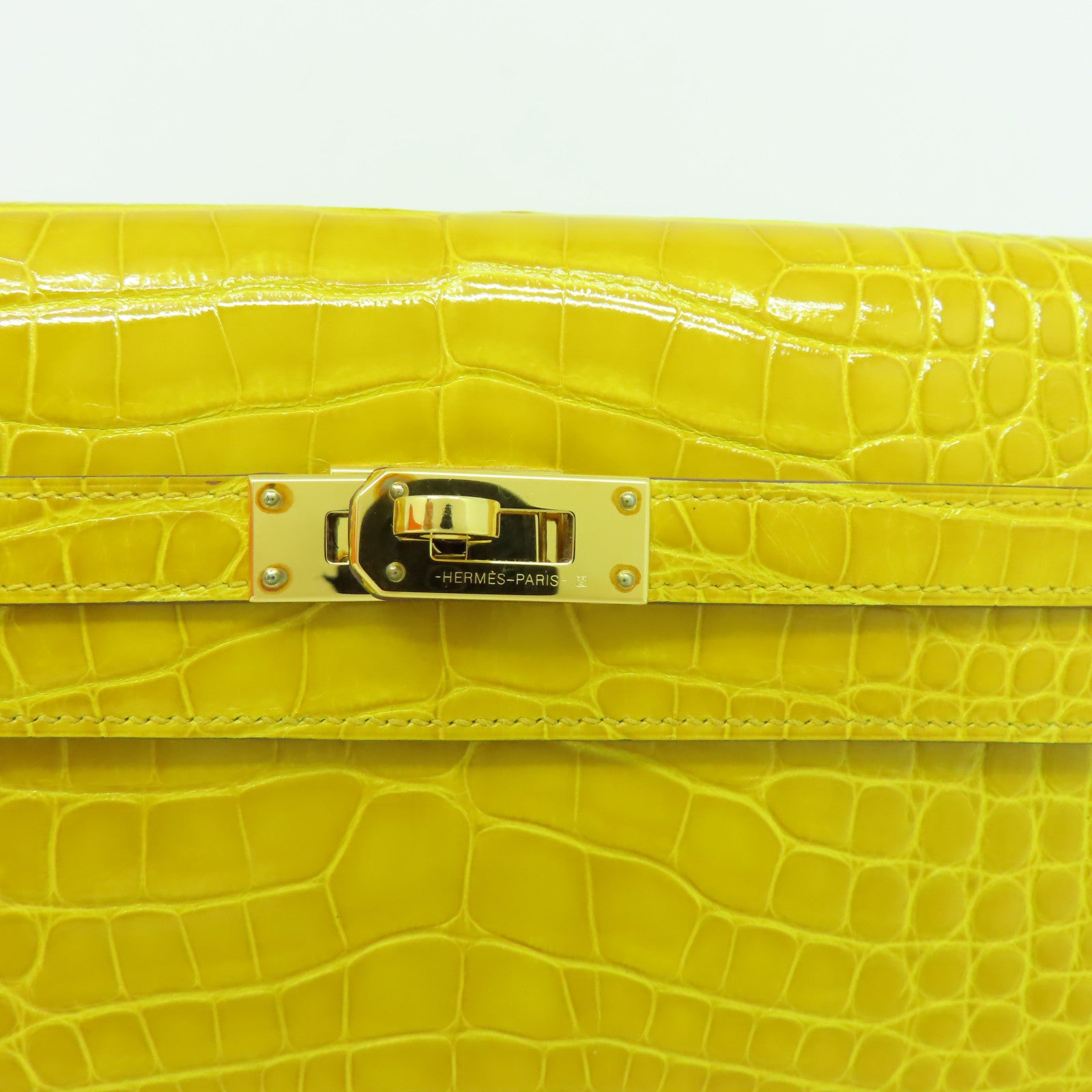 HERMES 鱷魚皮革Kelly Wallet金扣長錢包黃色
