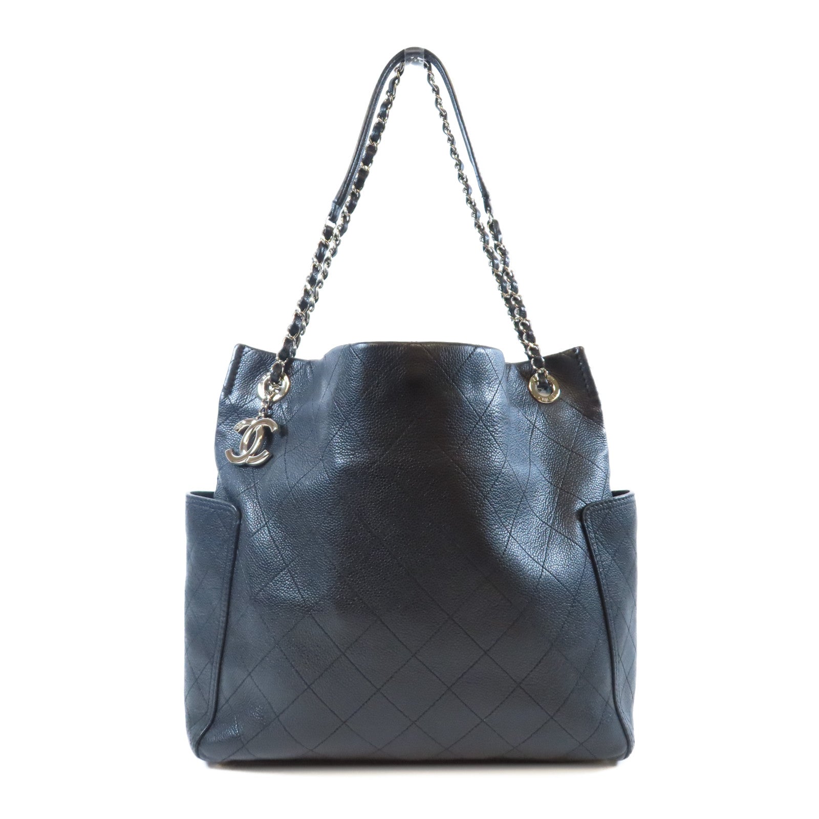 CHANEL 菱格Caviar皮革Chain Shoulder Bag銀扣鏈帶肩背袋黑色