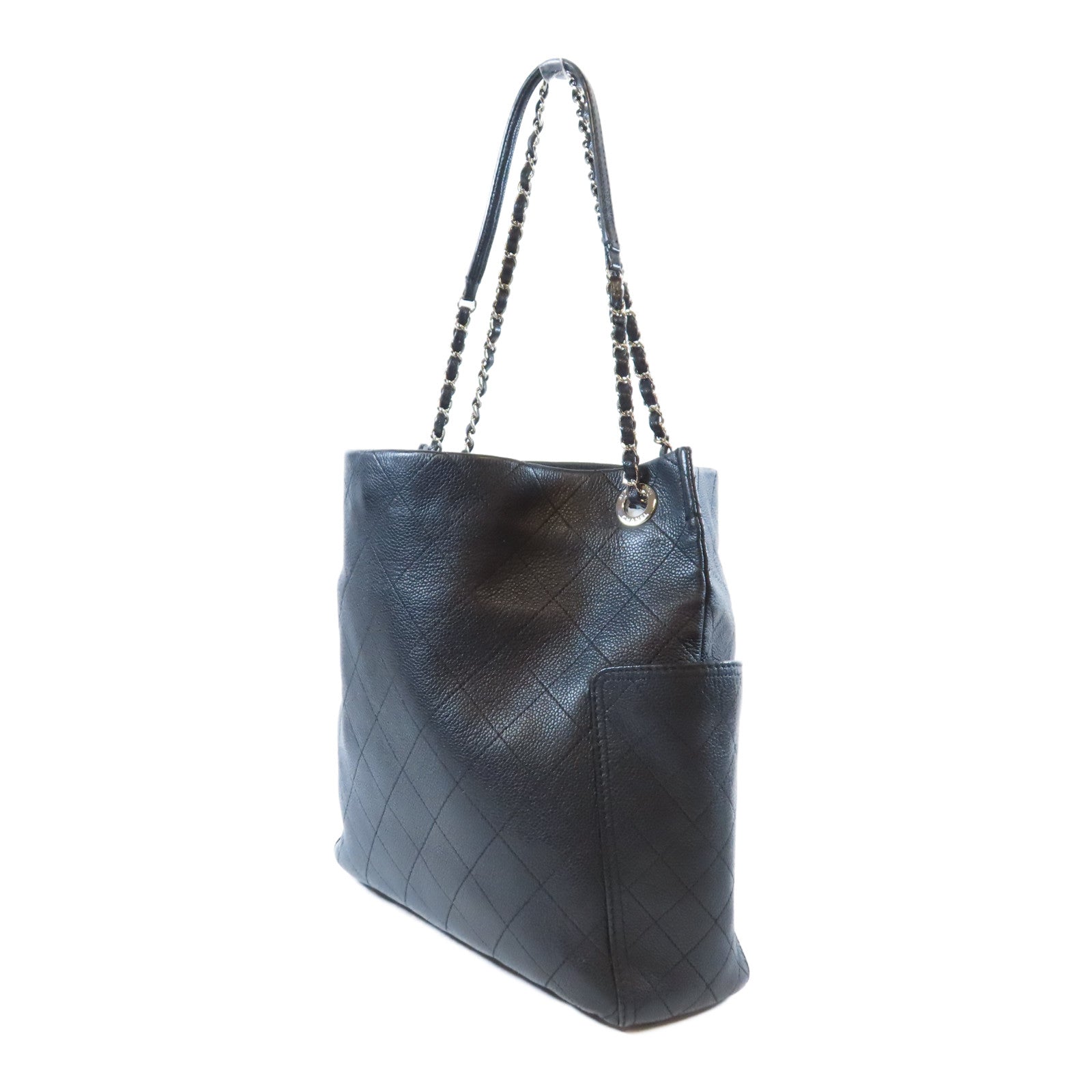 CHANEL 菱格Caviar皮革Chain Shoulder Bag銀扣鏈帶肩背袋黑色