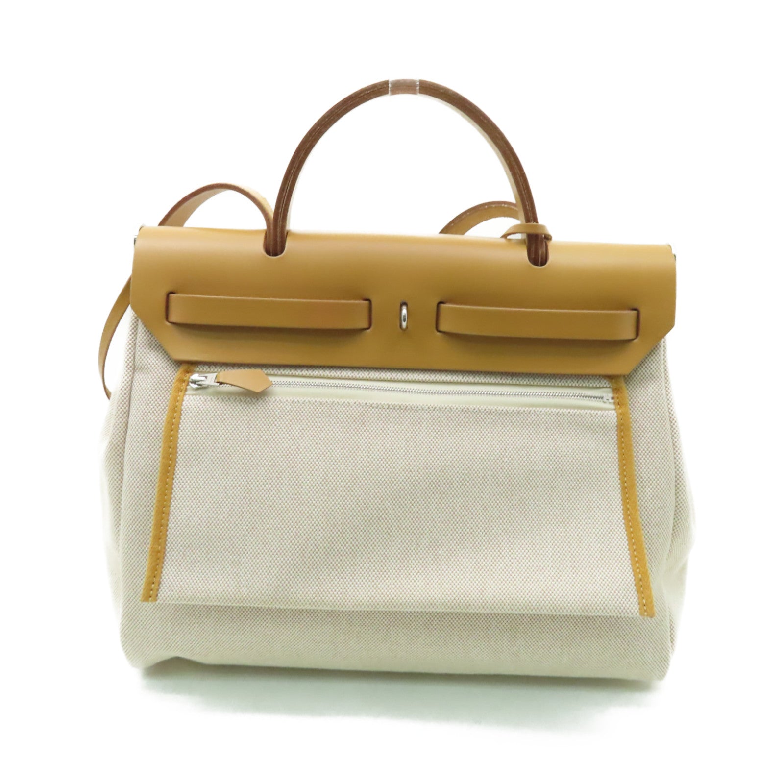 HERMES 帆布Herbag PM銀扣手挽肩背兩用袋Naturel Sable/Ecru米色/棕色