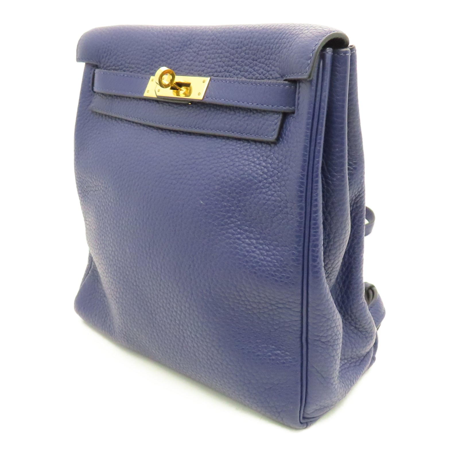 HERMES Taurillon Clemence Leather Kelly Ado Gold Buckle Backpack Sapphire Blue