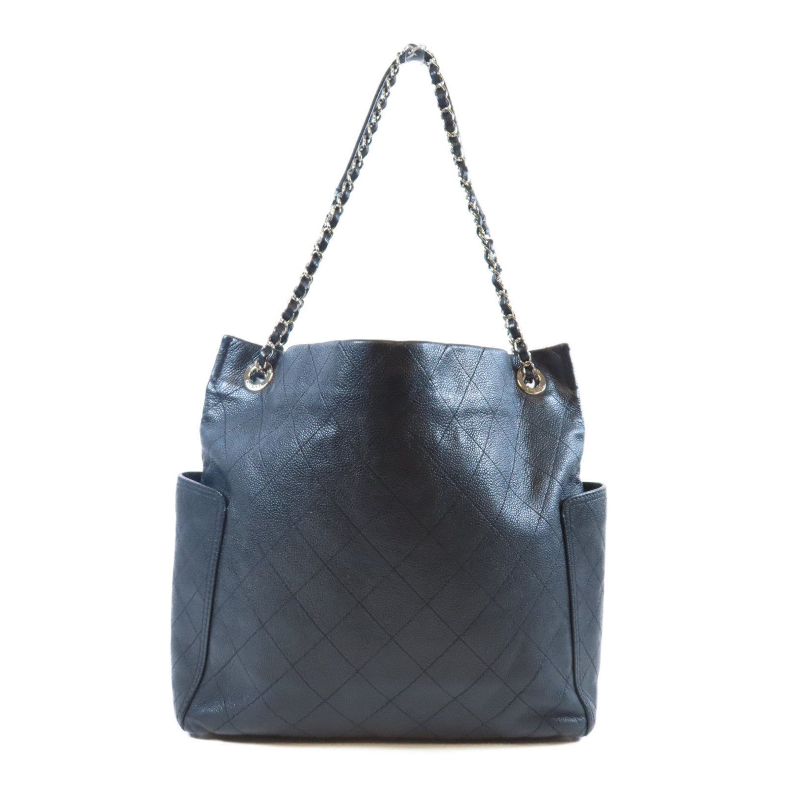CHANEL 菱格Caviar皮革Chain Shoulder Bag銀扣鏈帶肩背袋黑色