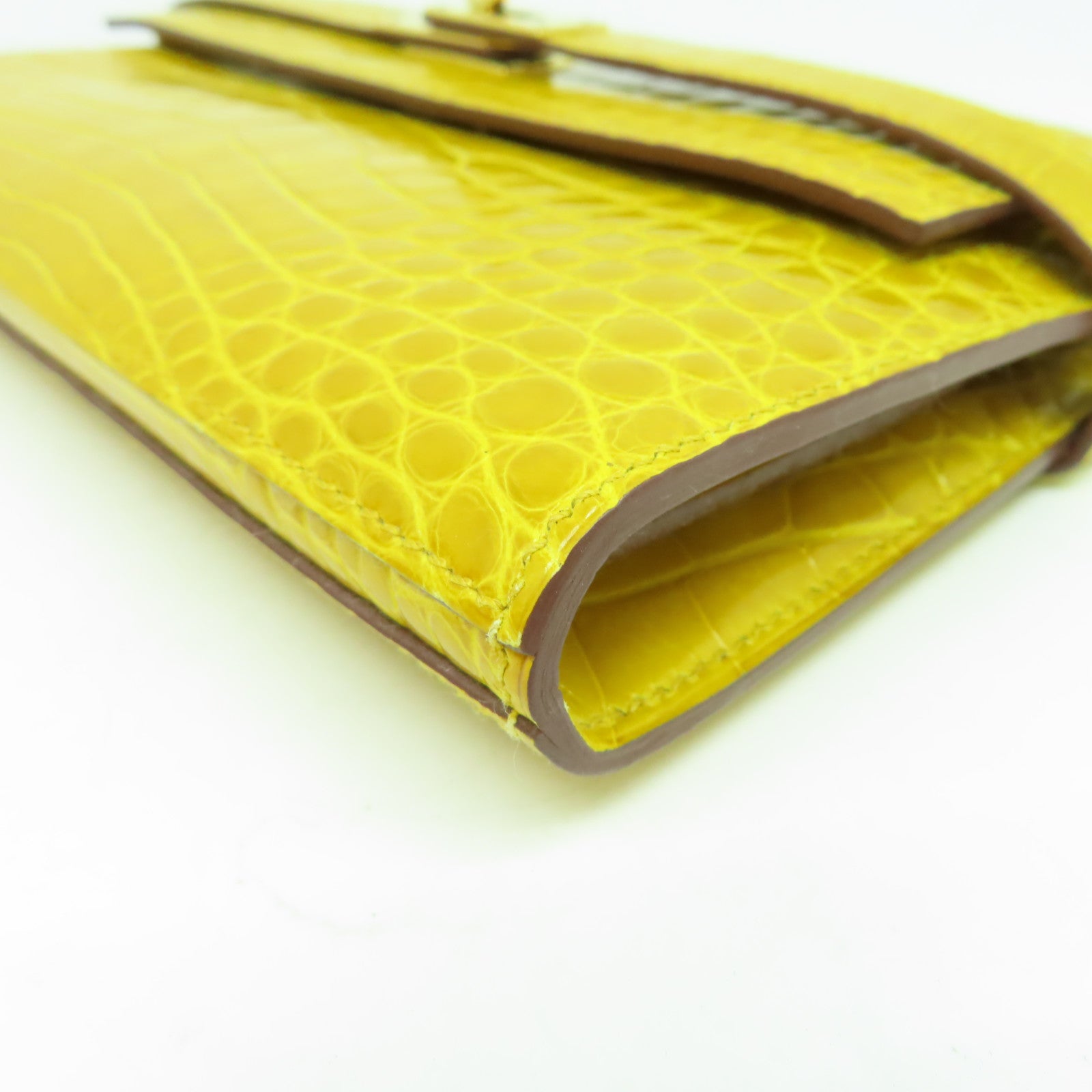 HERMES 鱷魚皮革Kelly Wallet金扣長錢包黃色