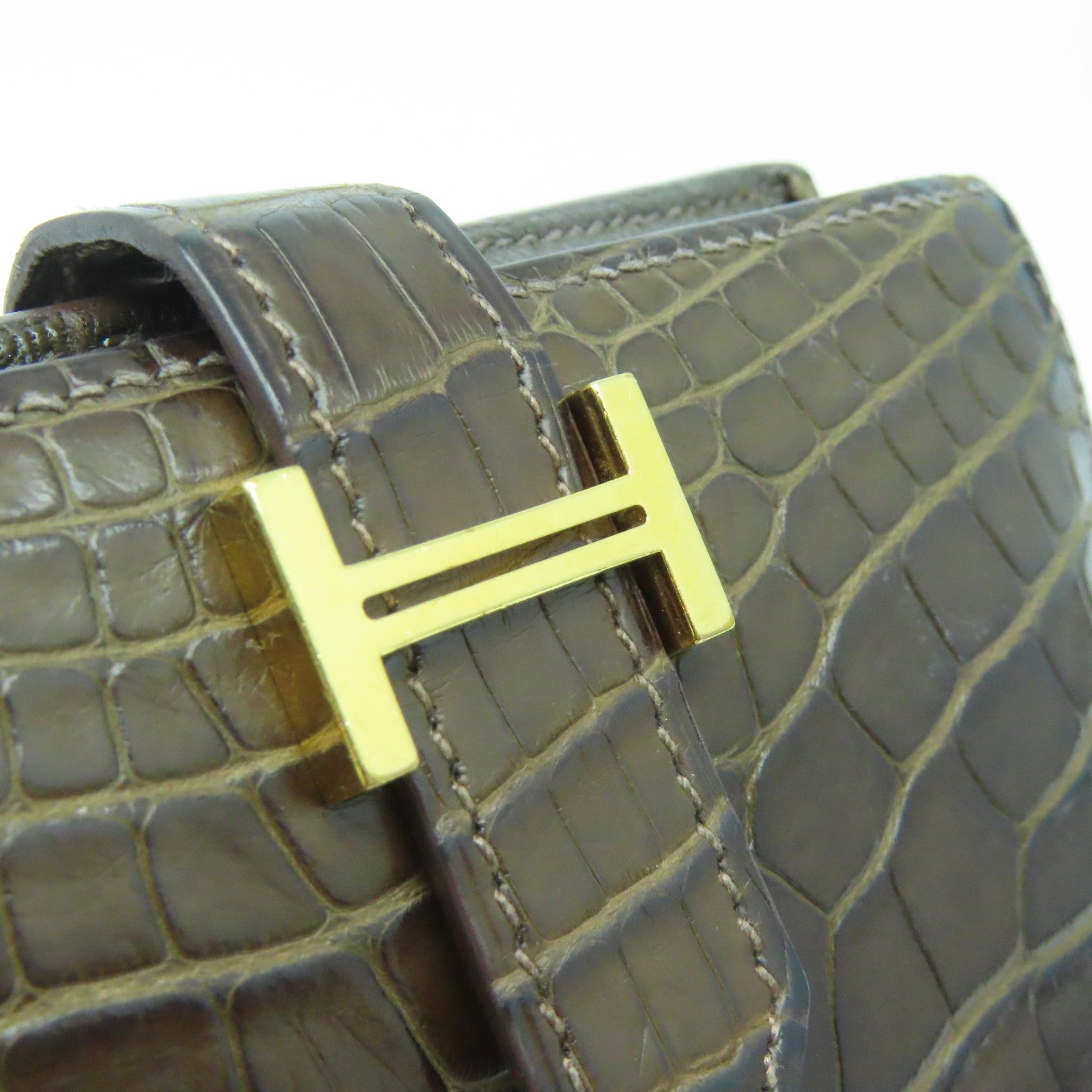 HERMES 鳄鱼皮革Bearn W Snap金扣钱包巧克力色
