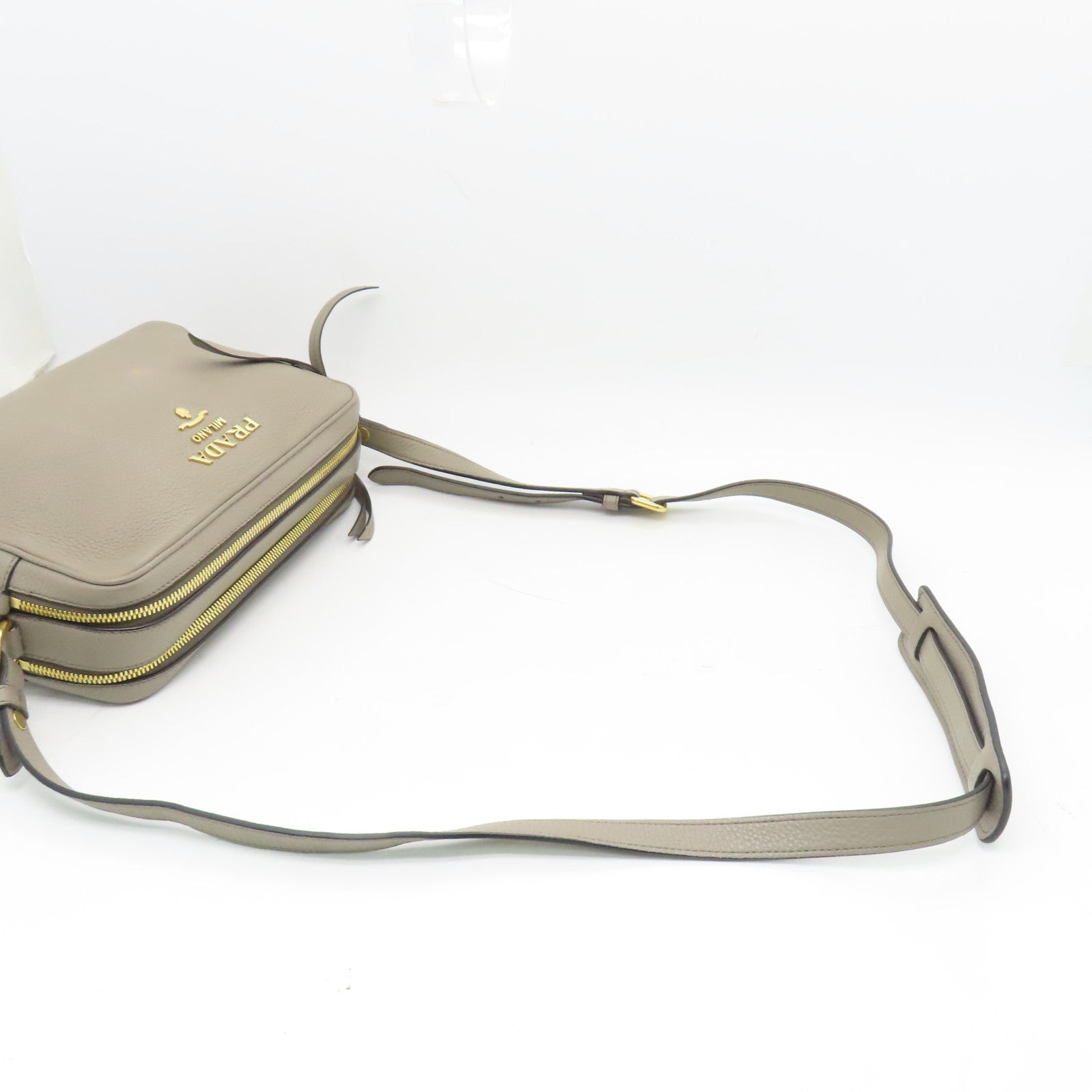 PRADA Leather Shoulder Bag Gold Buckle Gray
