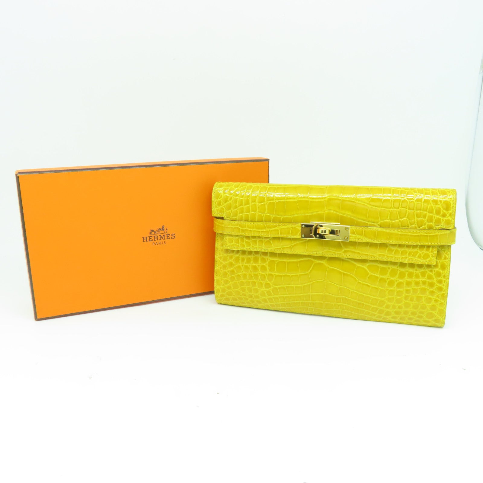 HERMES 鱷魚皮革Kelly Wallet金扣長錢包黃色