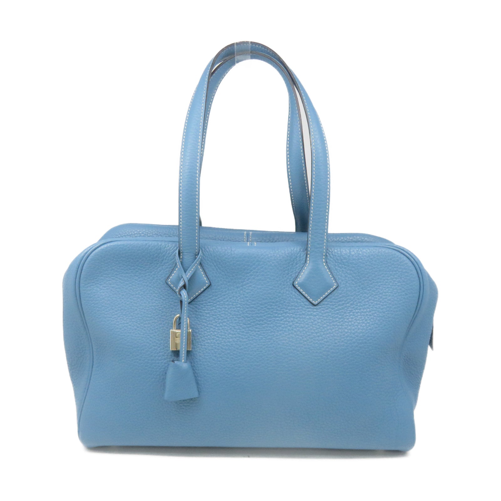 HERMES Clemence Leather Victolia Hand Bag Silver Buckle Hand Bag Blue Jean Blue
