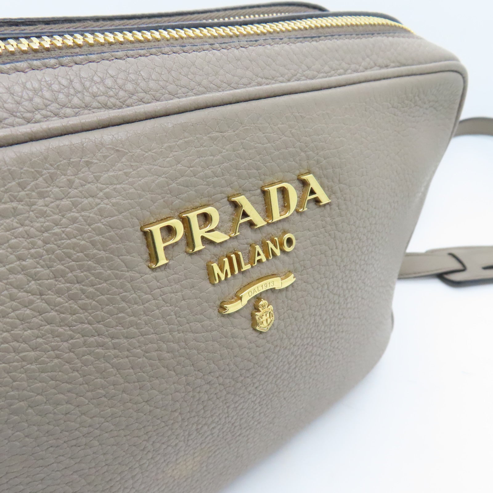 PRADA Leather Shoulder Bag Gold Buckle Gray