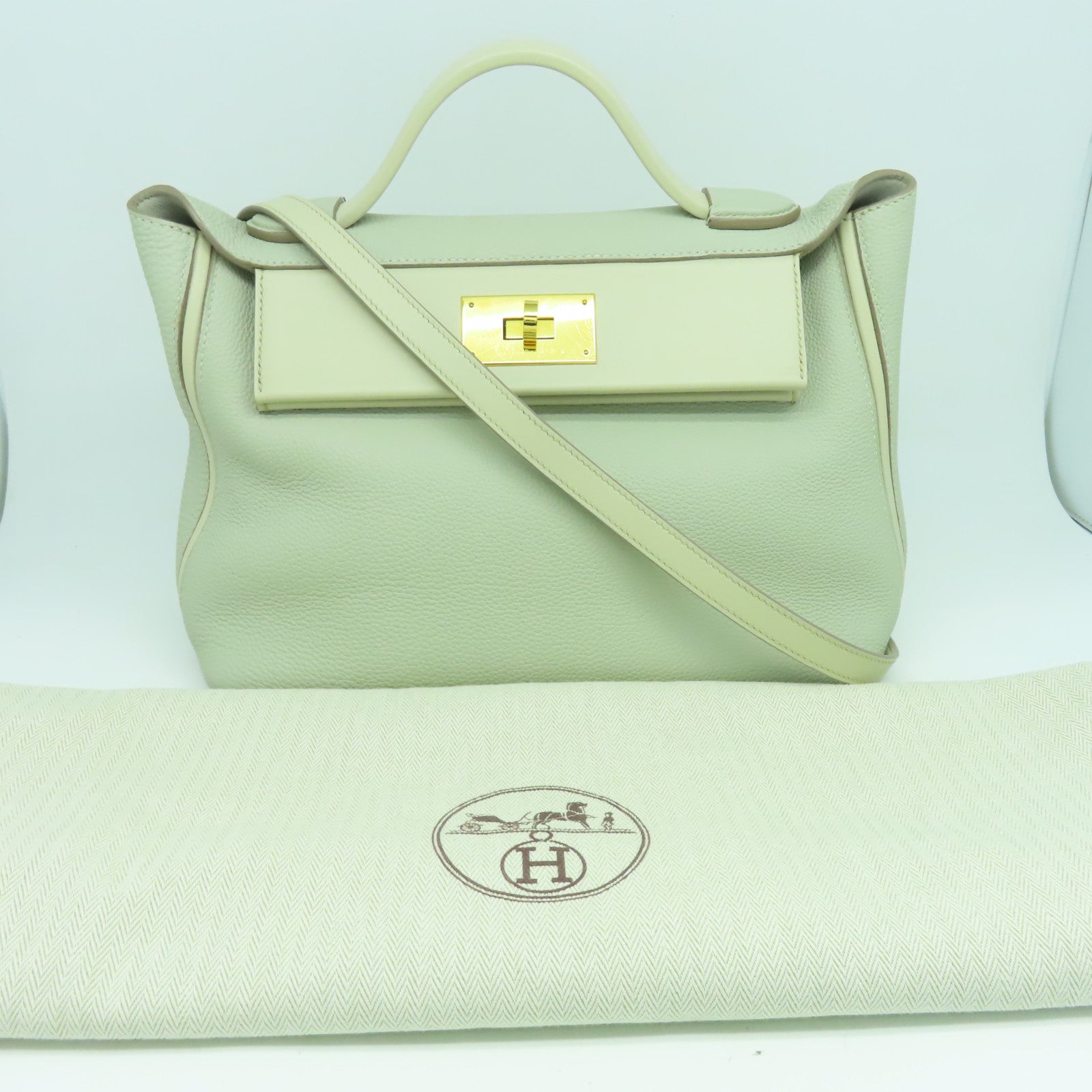 HERMES Clemence皮革2424金扣手挽肩背兩用袋珍珠灰色