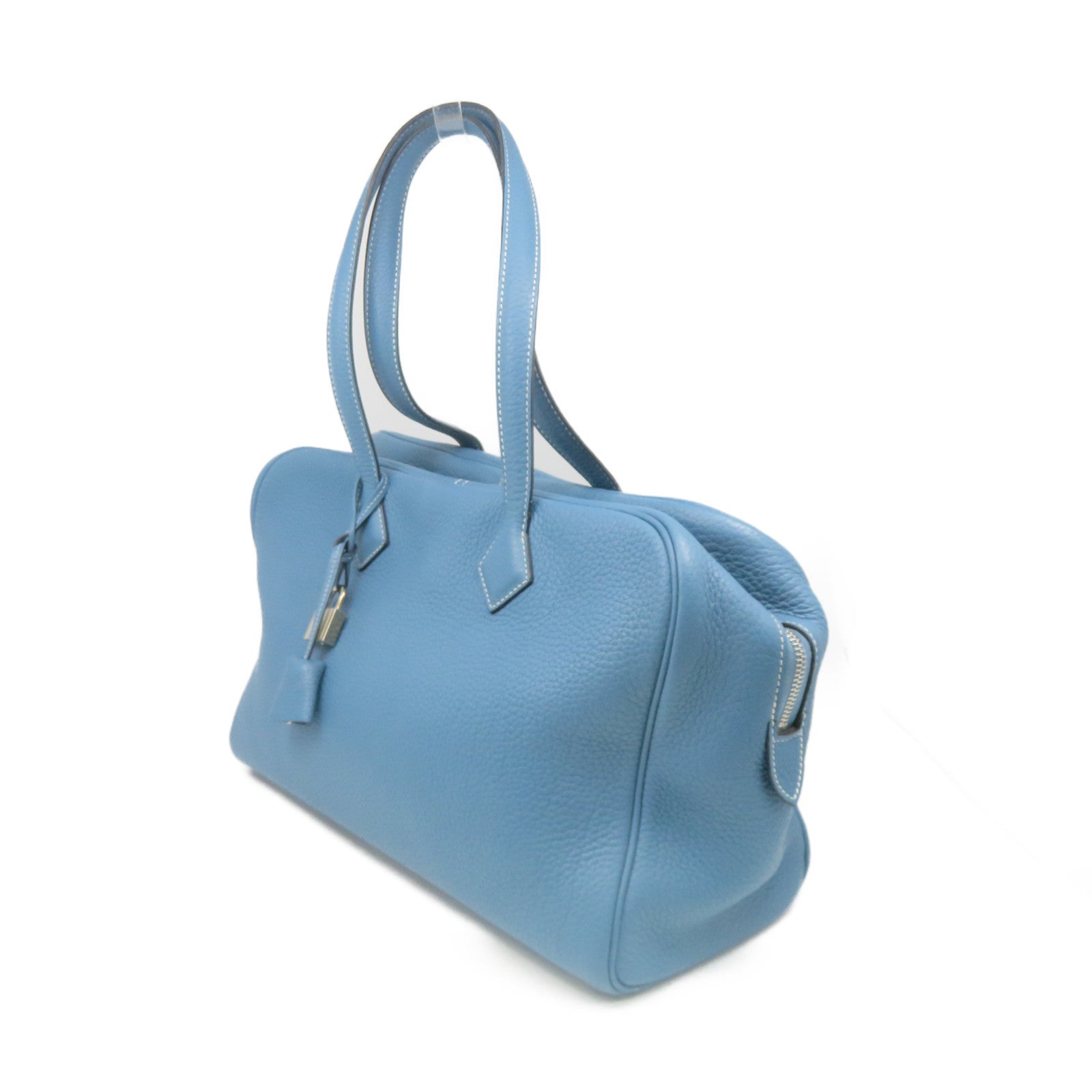 HERMES Clemence Leather Victolia Hand Bag Silver Buckle Hand Bag Blue Jean Blue