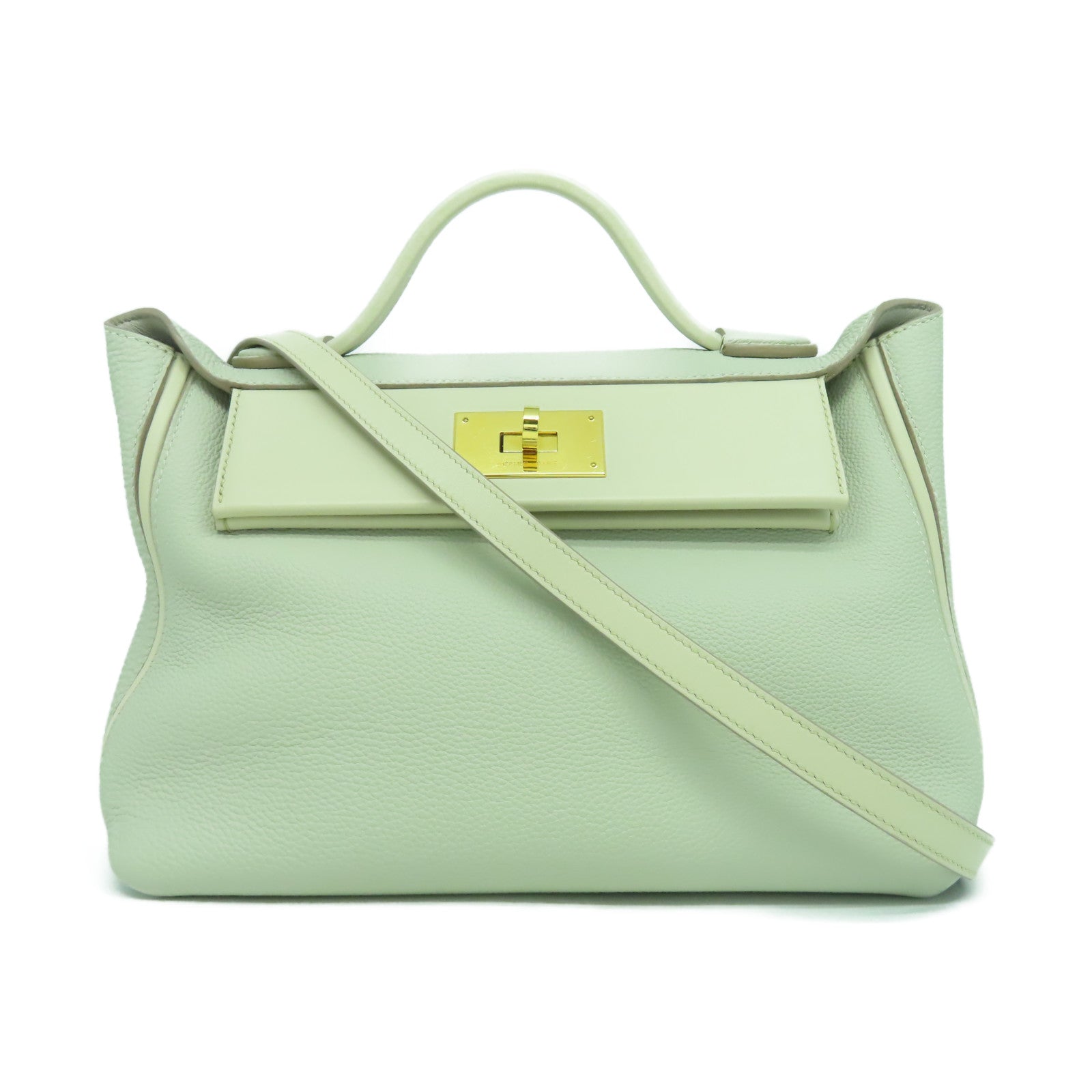HERMES Clemence皮革2424金扣手挽肩背兩用袋珍珠灰色
