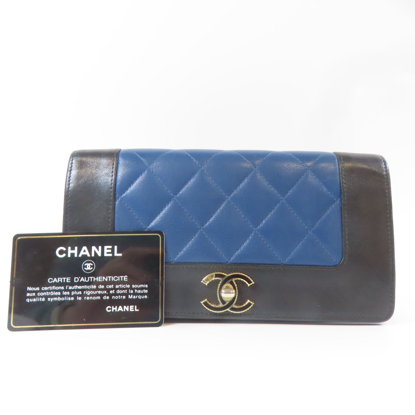 CHANEL 菱格羊皮皮革Long Wallet金扣長錢包藍色/黑色