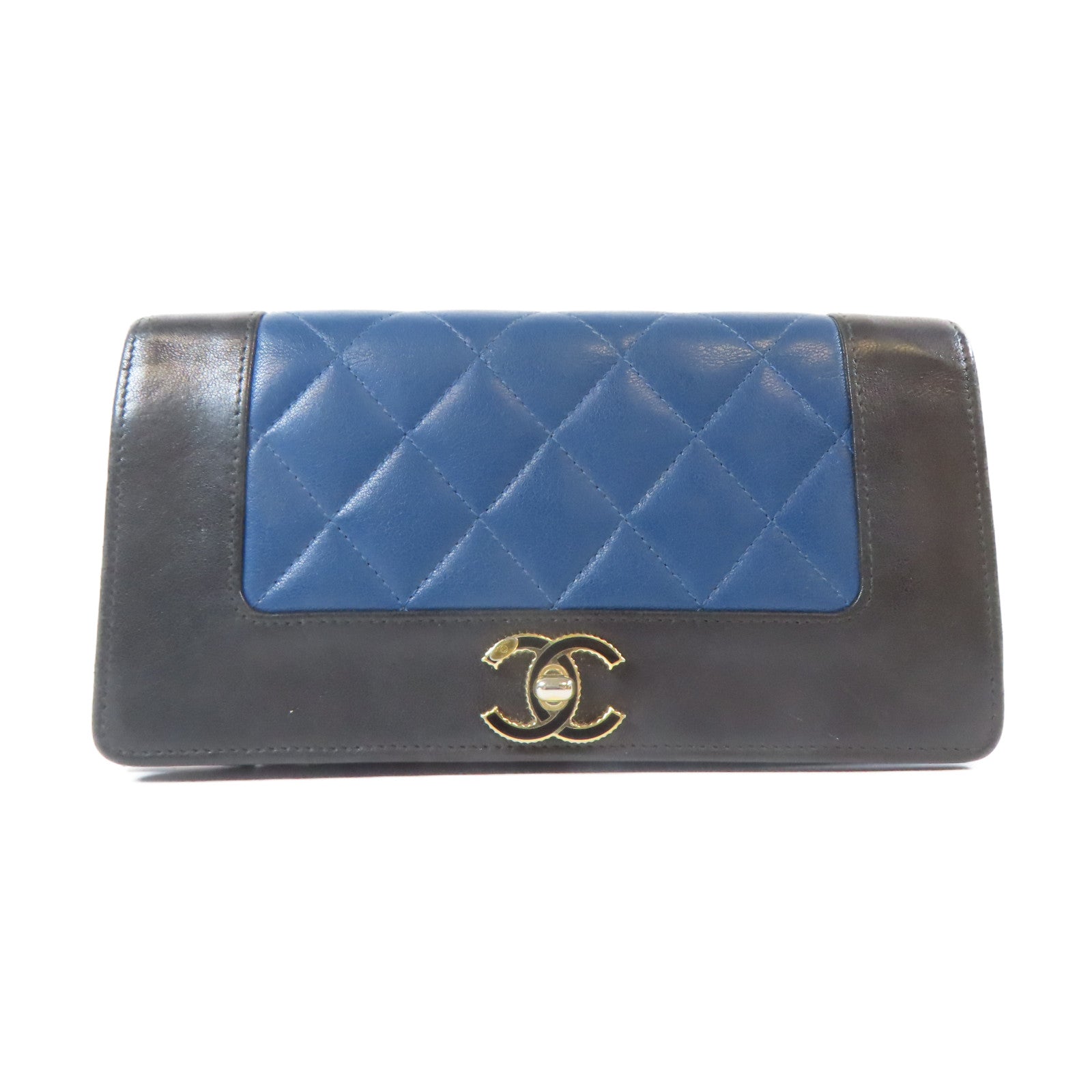 CHANEL 菱格羊皮皮革Long Wallet金扣長錢包藍色/黑色