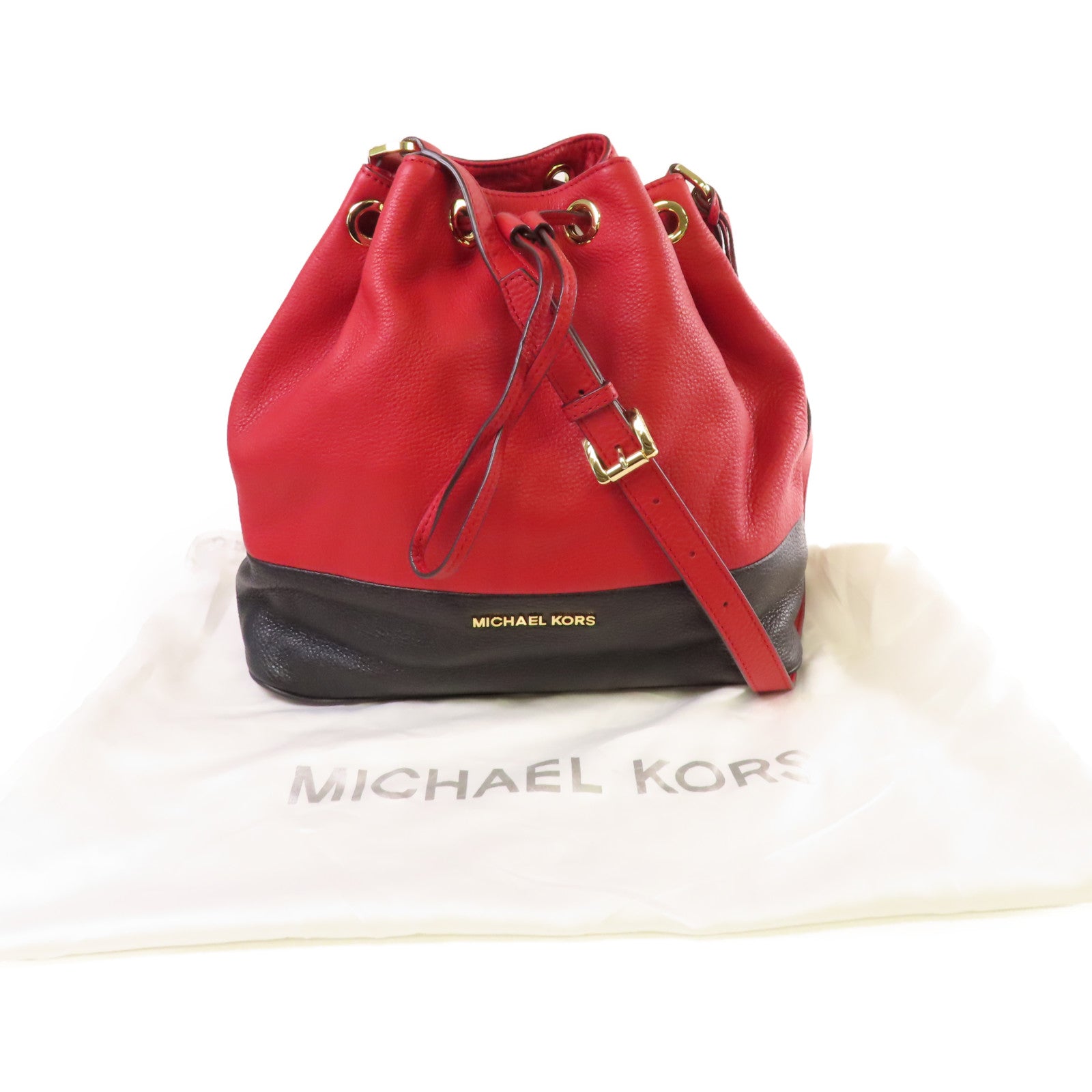 Michael Kors 皮革Bucket Bag金扣肩背袋紅色/黑色