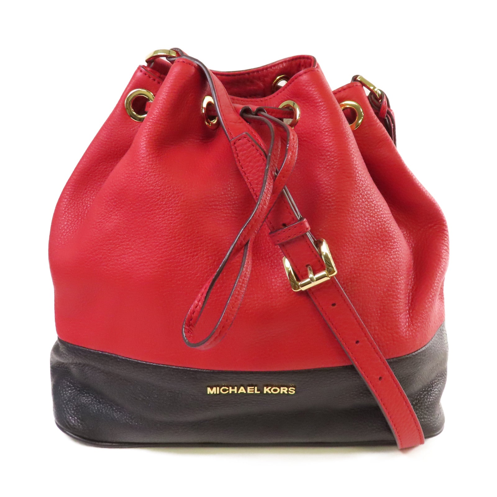 Michael Kors 皮革Bucket Bag金扣肩背袋紅色/黑色