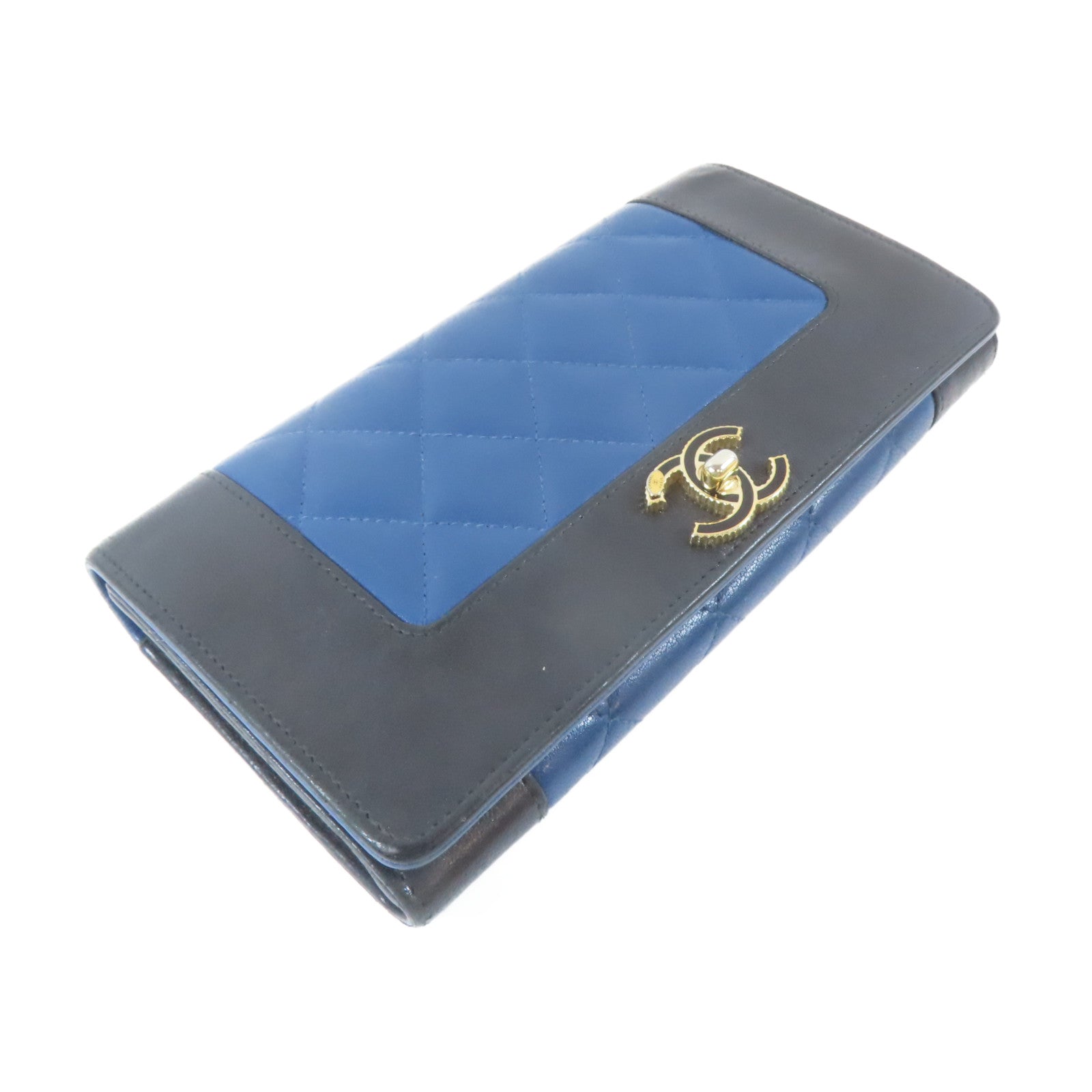 CHANEL 菱格羊皮皮革Long Wallet金扣長錢包藍色/黑色