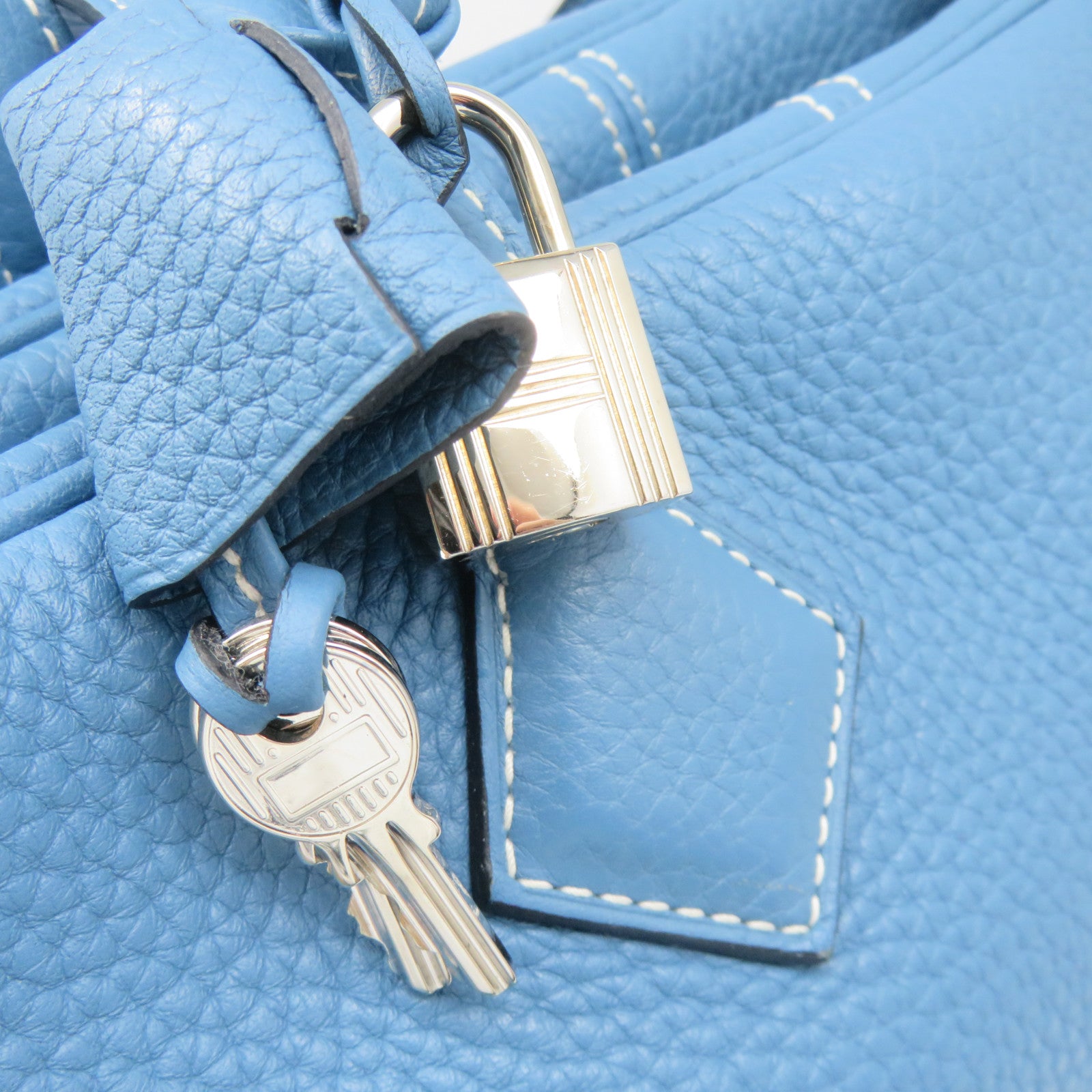 HERMES Clemence Leather Victolia Hand Bag Silver Buckle Hand Bag Blue Jean Blue