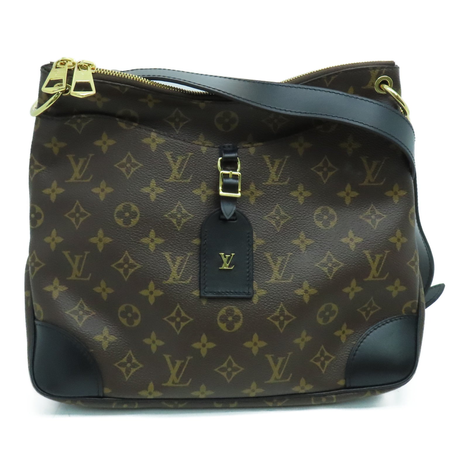 LOUIS VUITTON Monogram Odeon MM金扣肩背袋黑色/啡色