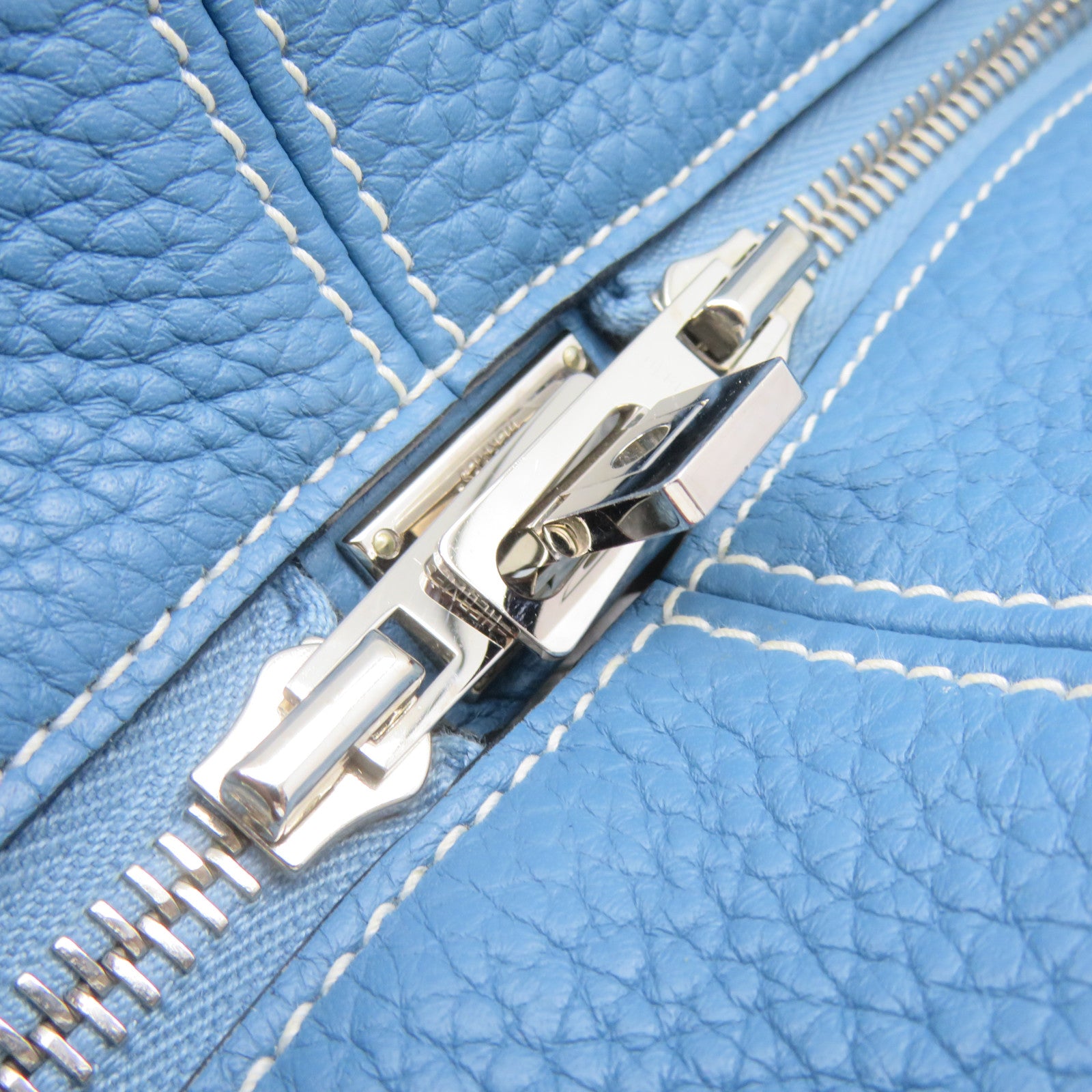 HERMES Clemence Leather Victolia Hand Bag Silver Buckle Hand Bag Blue Jean Blue