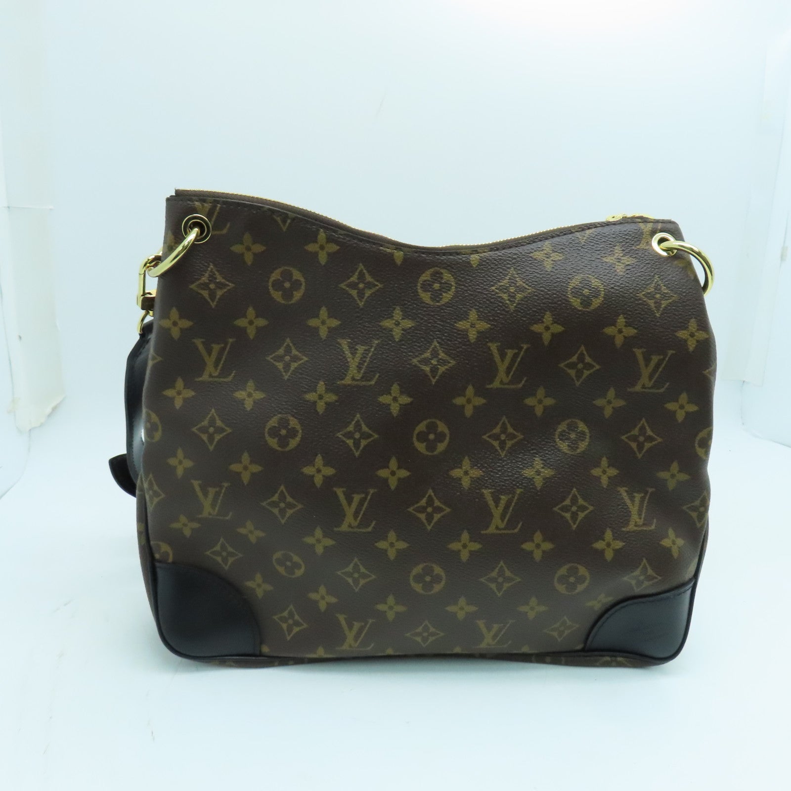 LOUIS VUITTON Monogram Odeon MM金扣肩背袋黑色/啡色