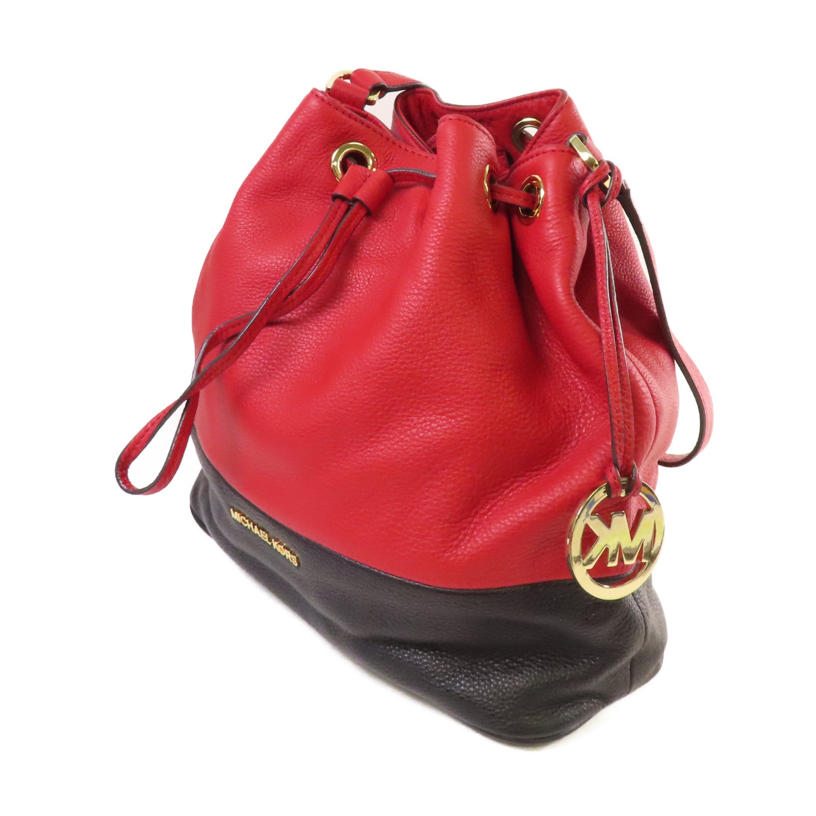 Michael Kors 皮革Bucket Bag金扣肩背袋紅色/黑色