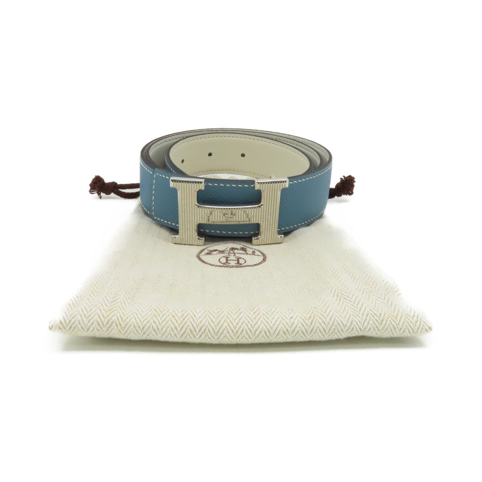 HERMES Epsom皮革H Belt銀扣皮帶Blue Jean牛仔藍