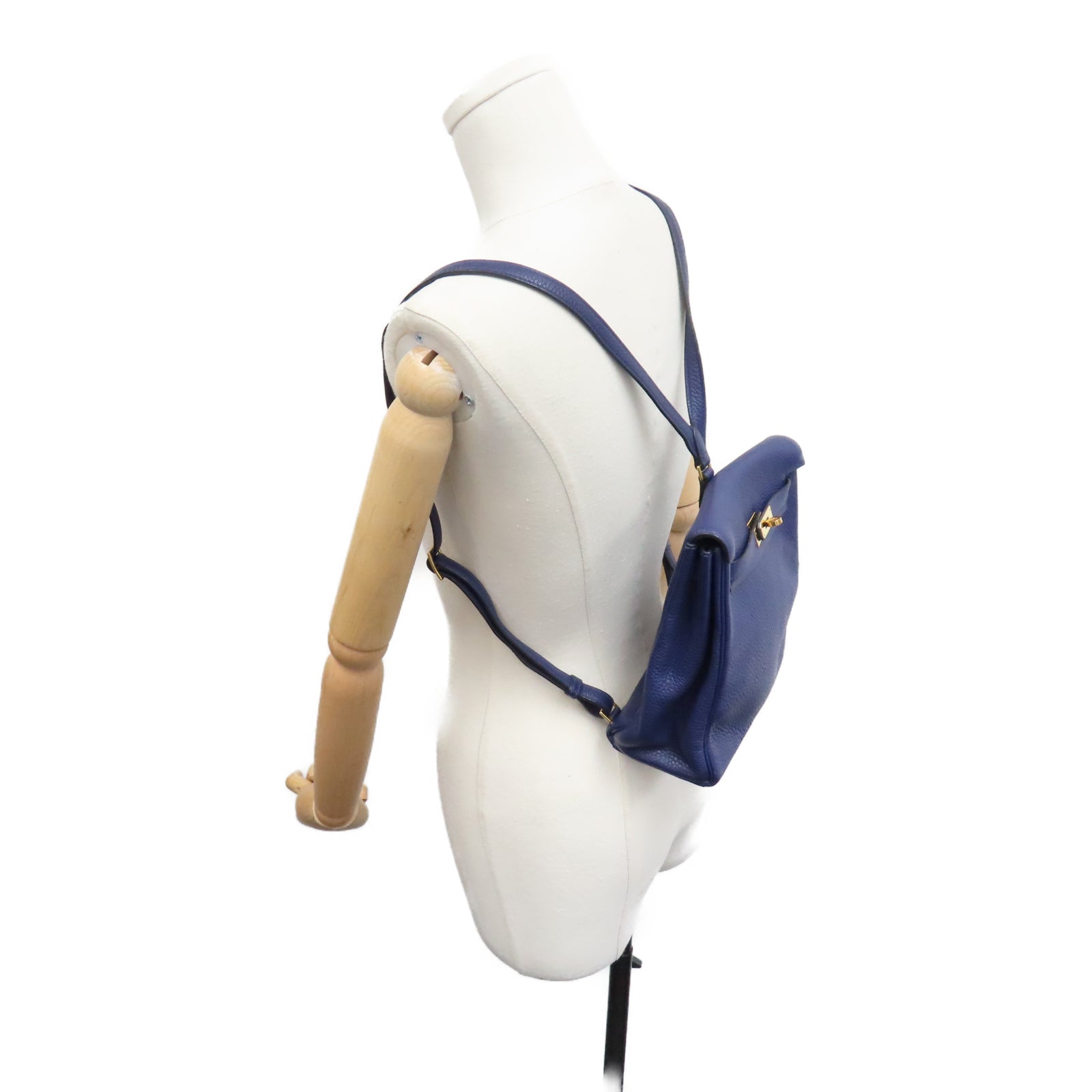 HERMES Taurillon Clemence Leather Kelly Ado Gold Buckle Backpack Sapphire Blue