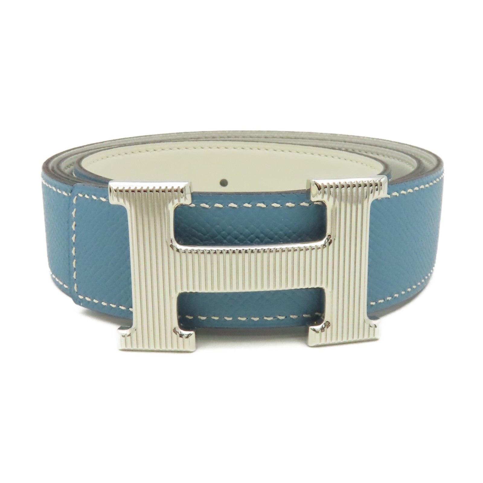 HERMES Epsom皮革H Belt銀扣皮帶Blue Jean牛仔藍