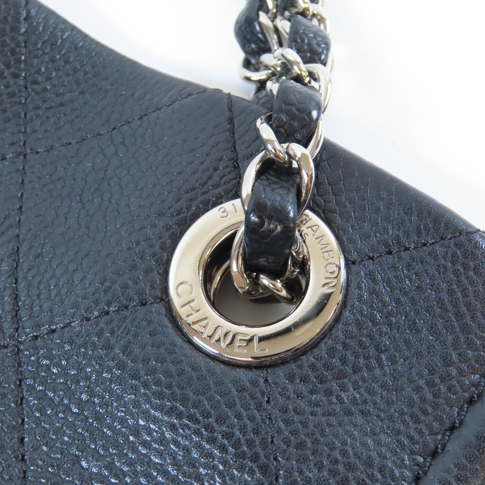 CHANEL 菱格Caviar皮革Chain Shoulder Bag銀扣鏈帶肩背袋黑色