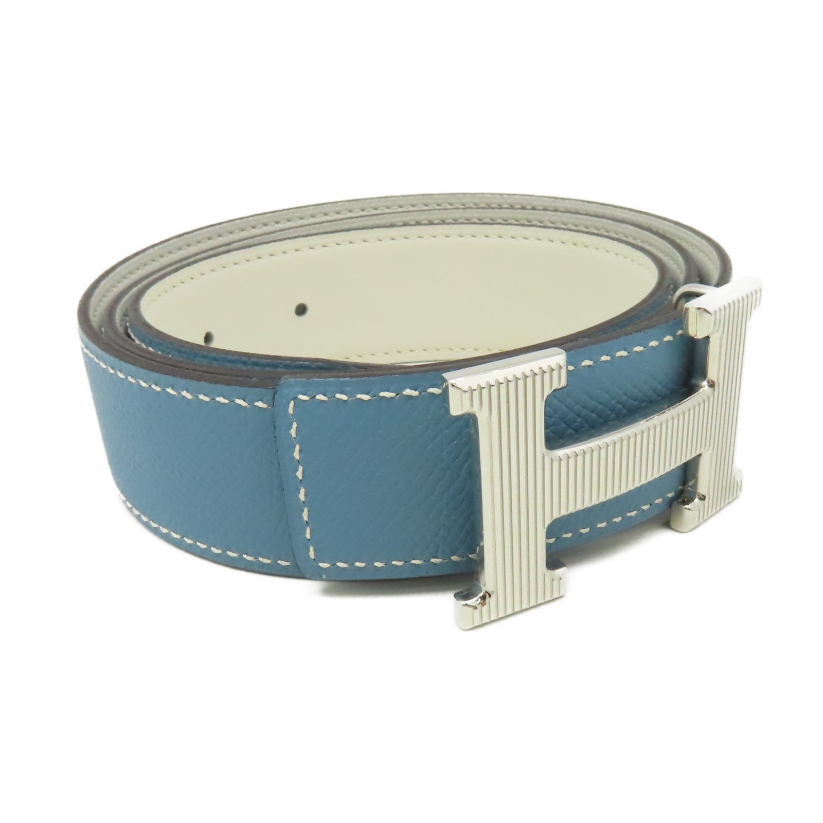 HERMES Epsom皮革H Belt銀扣皮帶Blue Jean牛仔藍