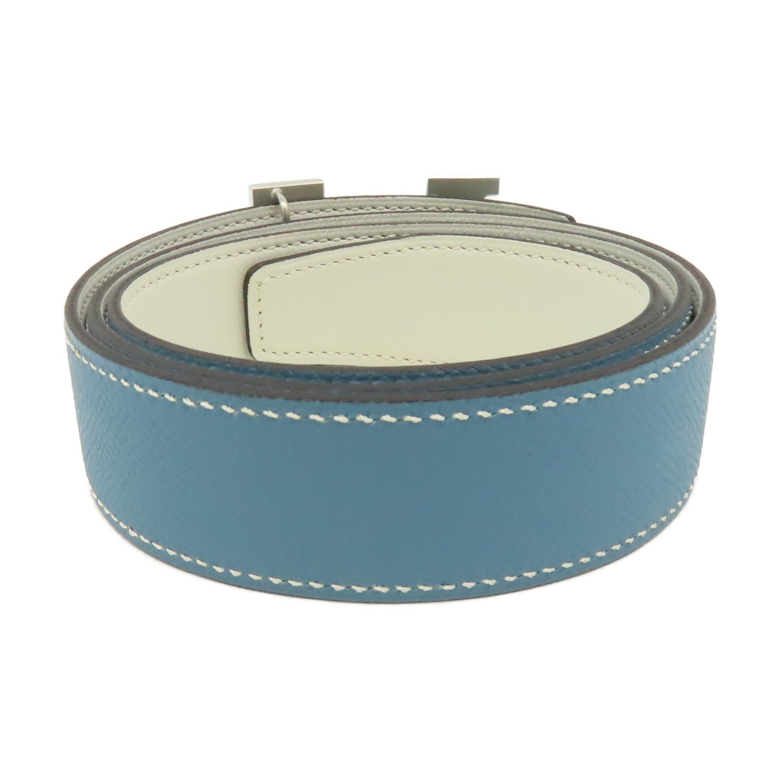 HERMES Epsom皮革H Belt銀扣皮帶Blue Jean牛仔藍