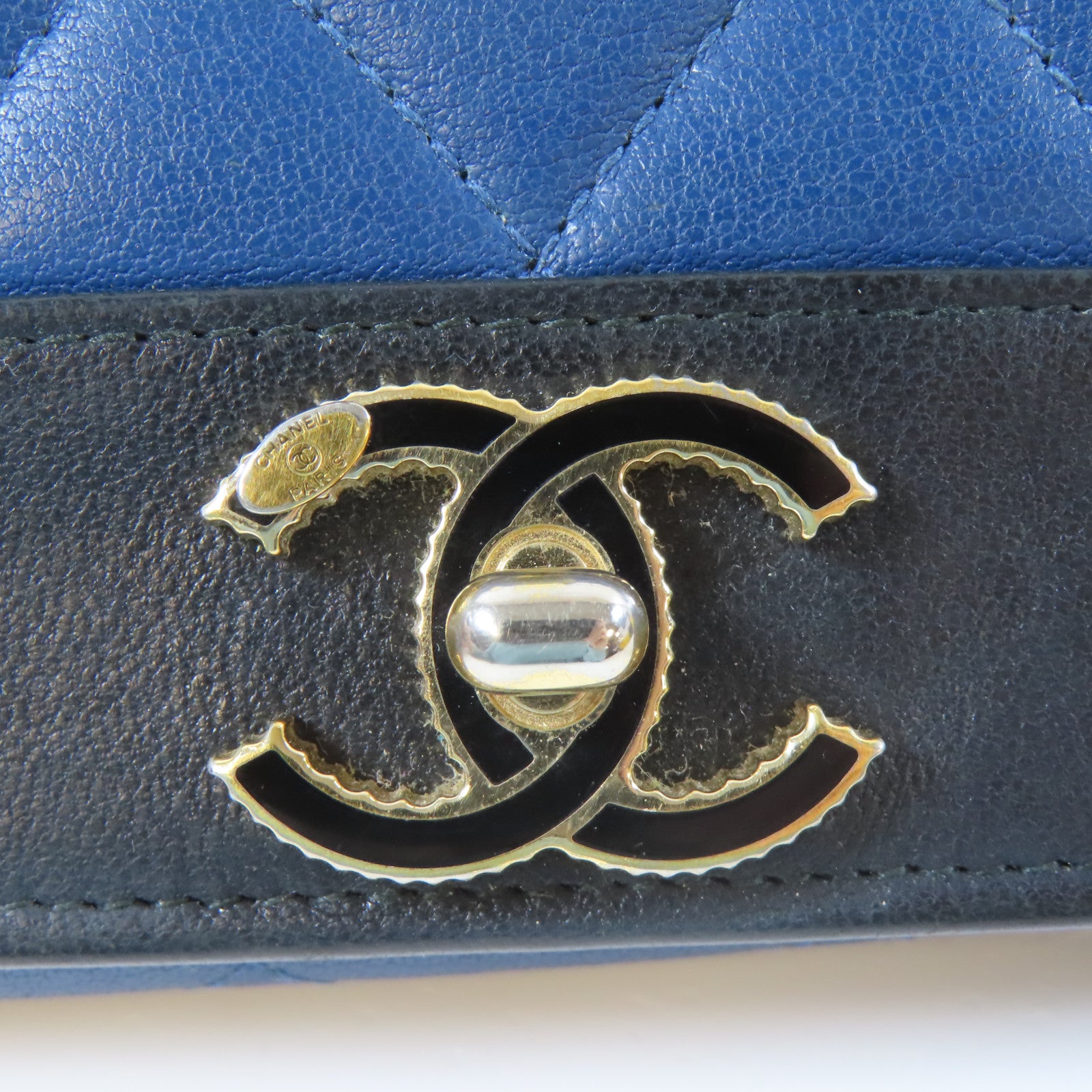 CHANEL 菱格羊皮皮革Long Wallet金扣長錢包藍色/黑色
