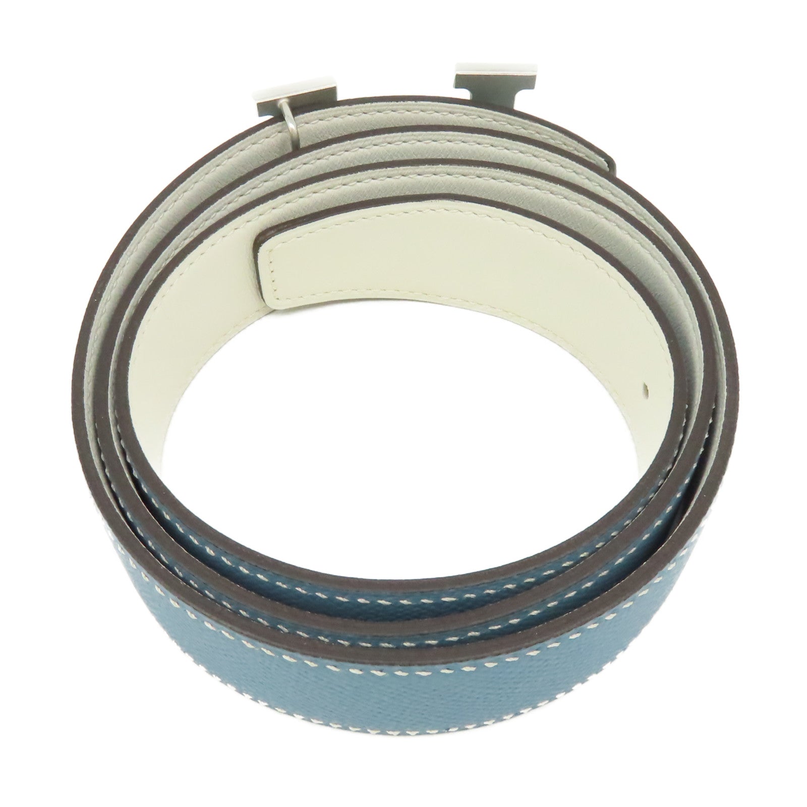 HERMES Epsom皮革H Belt銀扣皮帶Blue Jean牛仔藍