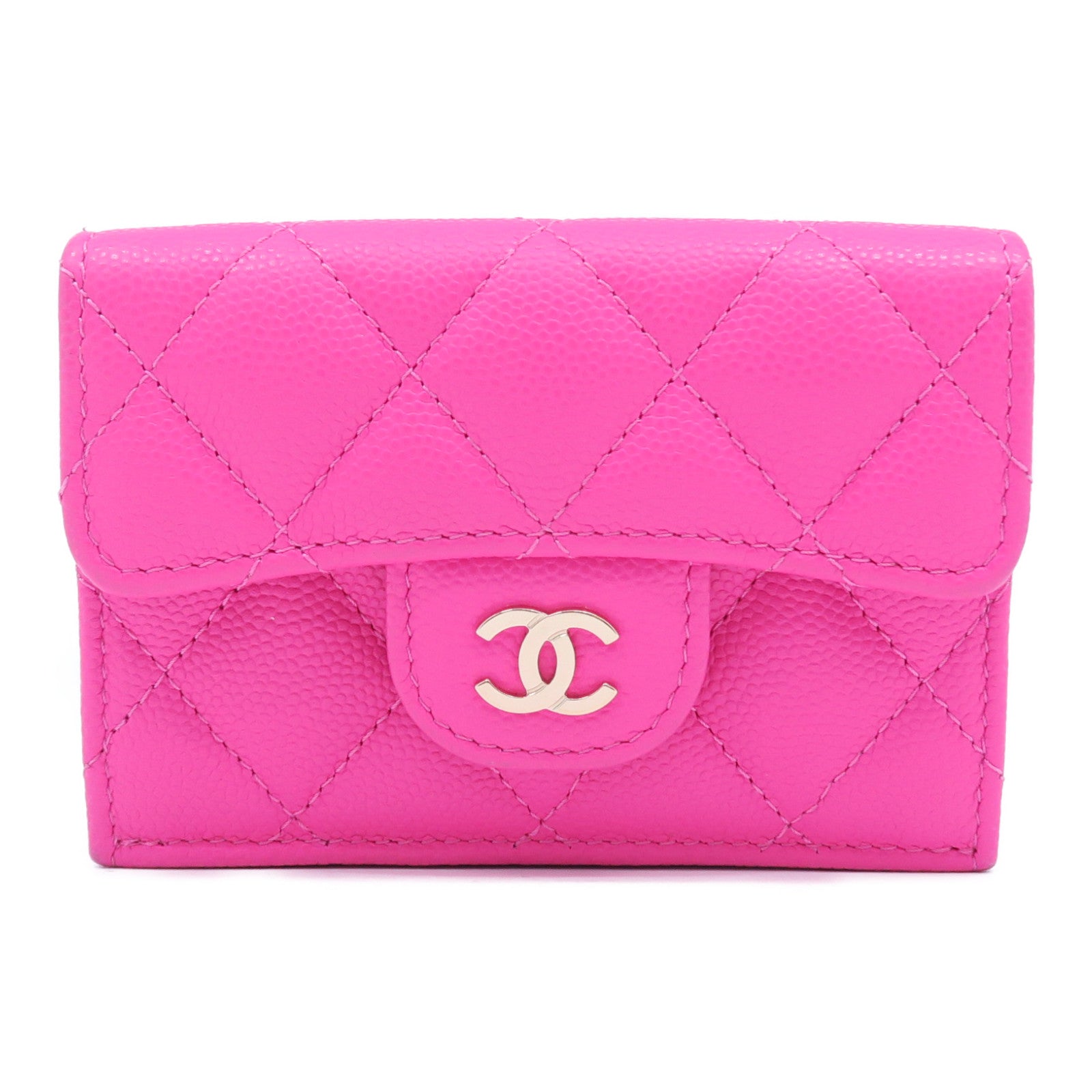 CHANEL 菱格Caviar皮革Wallet銀扣錢包粉紅色