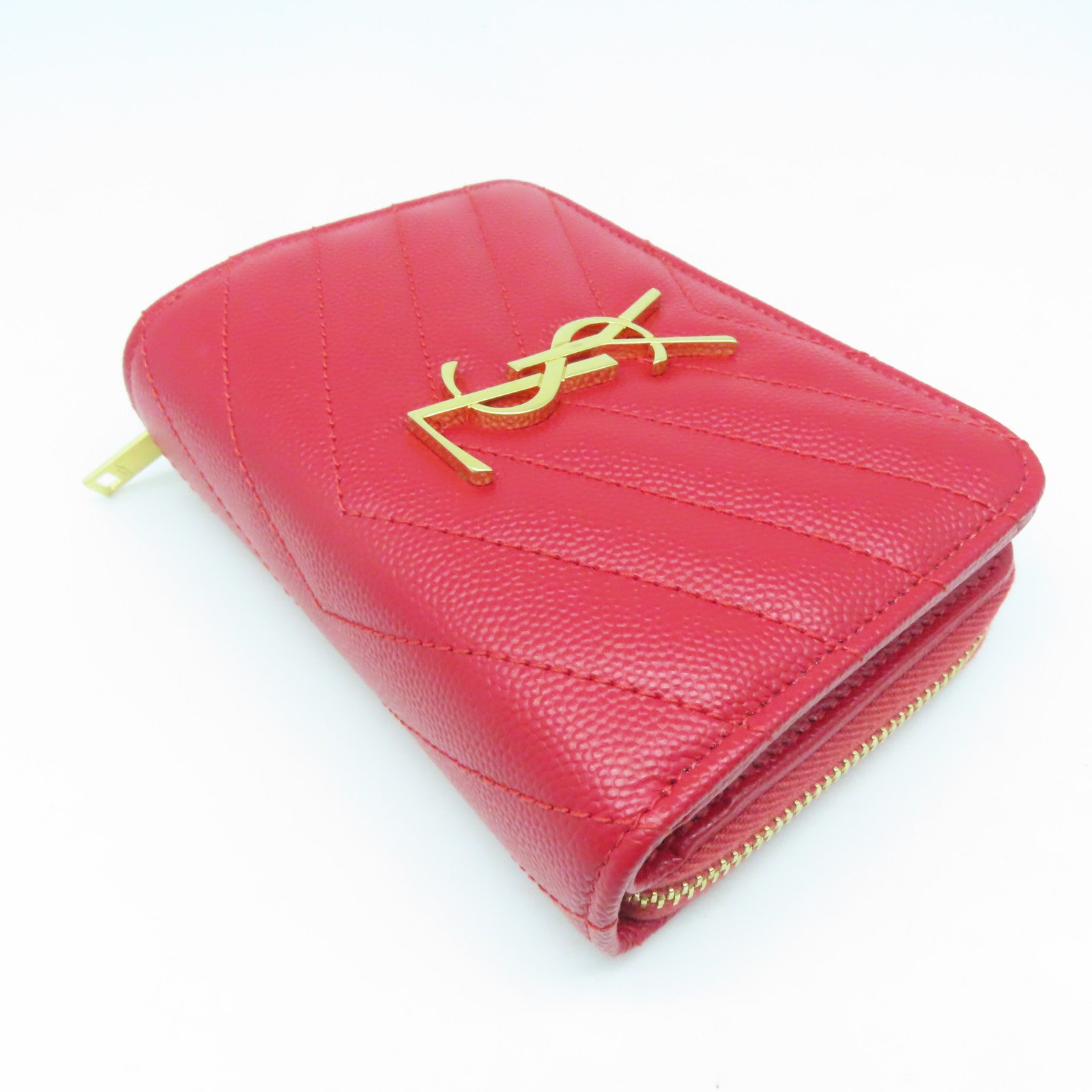 SAINT LAURENT 斜纹牛皮皮革Wallet金扣钱包红色