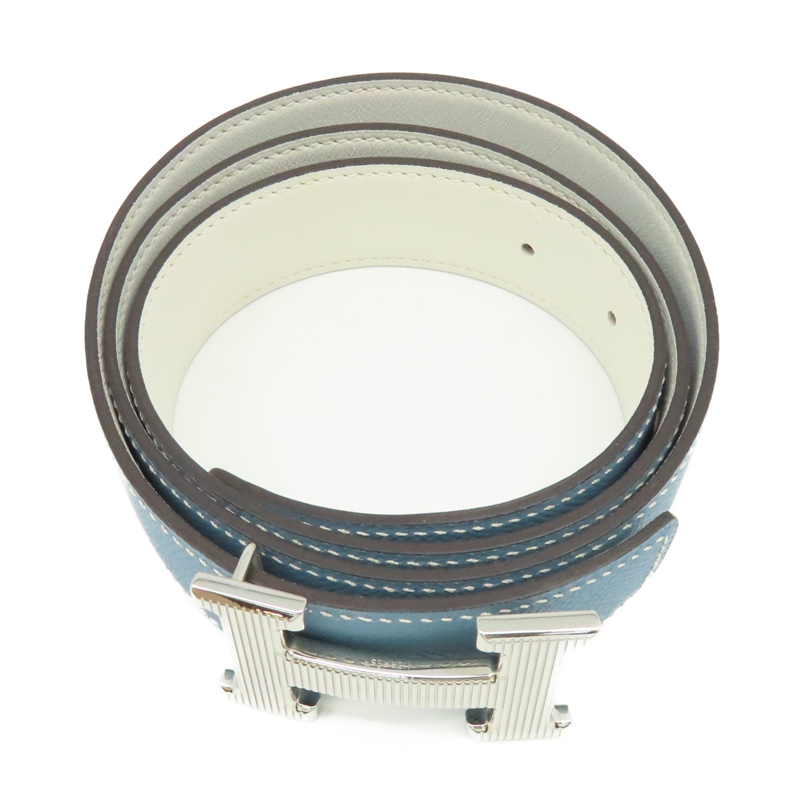 HERMES Epsom皮革H Belt銀扣皮帶Blue Jean牛仔藍