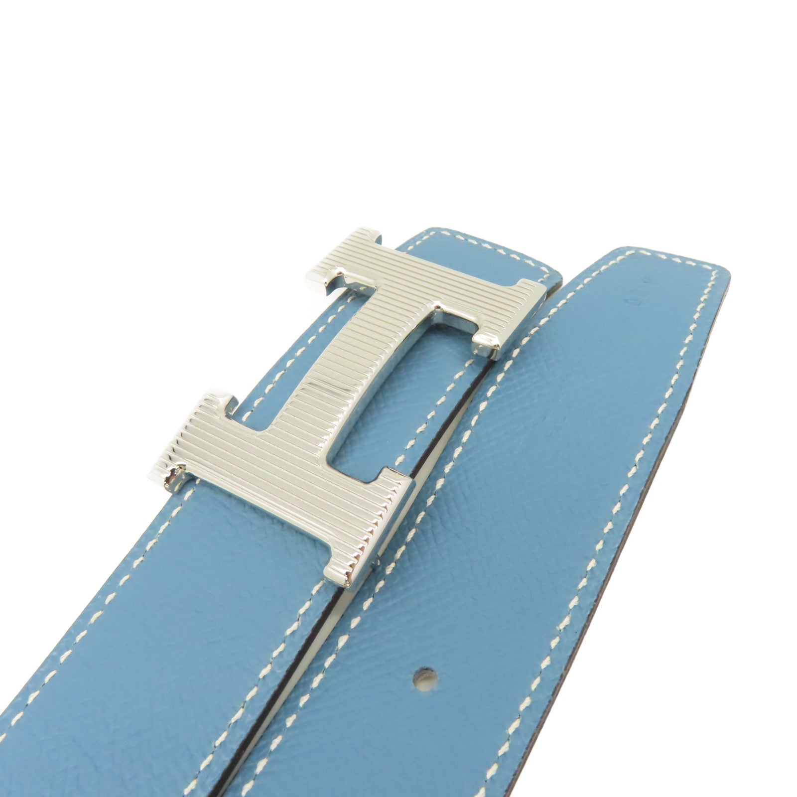 HERMES Epsom皮革H Belt銀扣皮帶Blue Jean牛仔藍