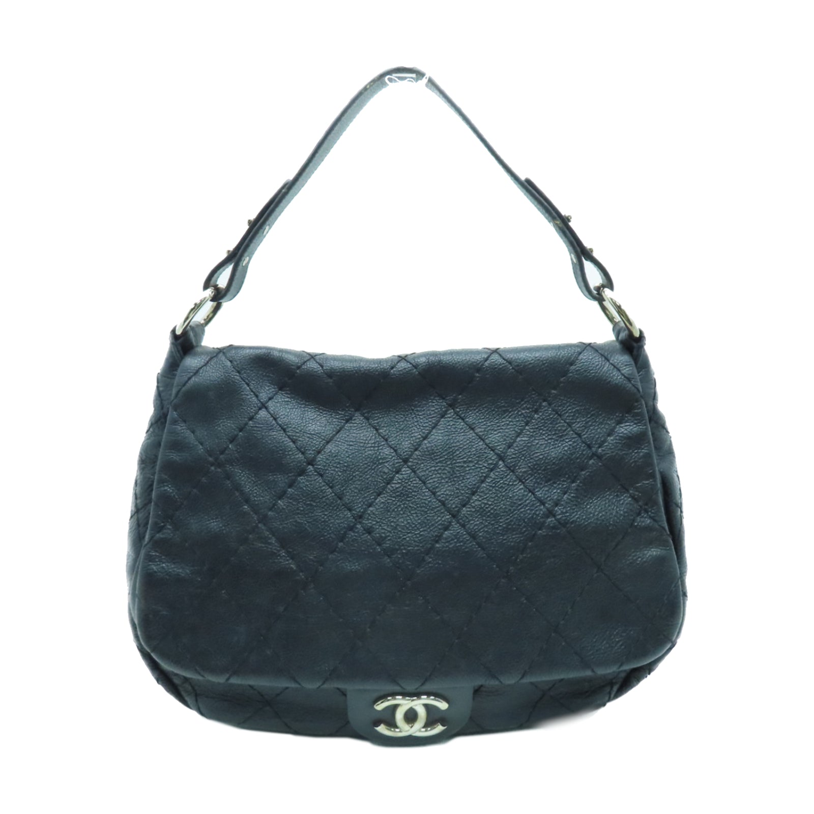 CHANEL 菱格牛皮皮革Shoulder Bag银扣肩背袋黑色