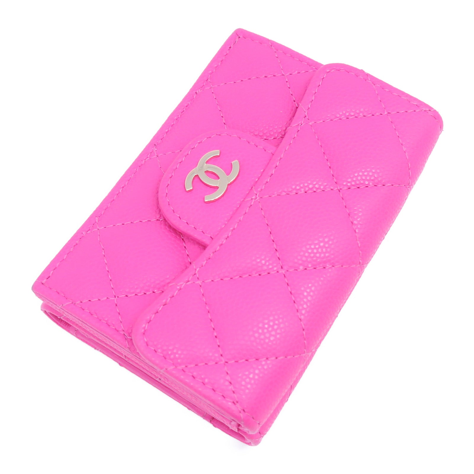 CHANEL 菱格Caviar皮革Wallet銀扣錢包粉紅色
