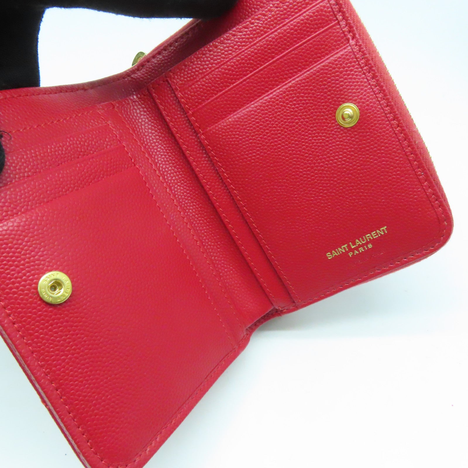 SAINT LAURENT 斜纹牛皮皮革Wallet金扣钱包红色