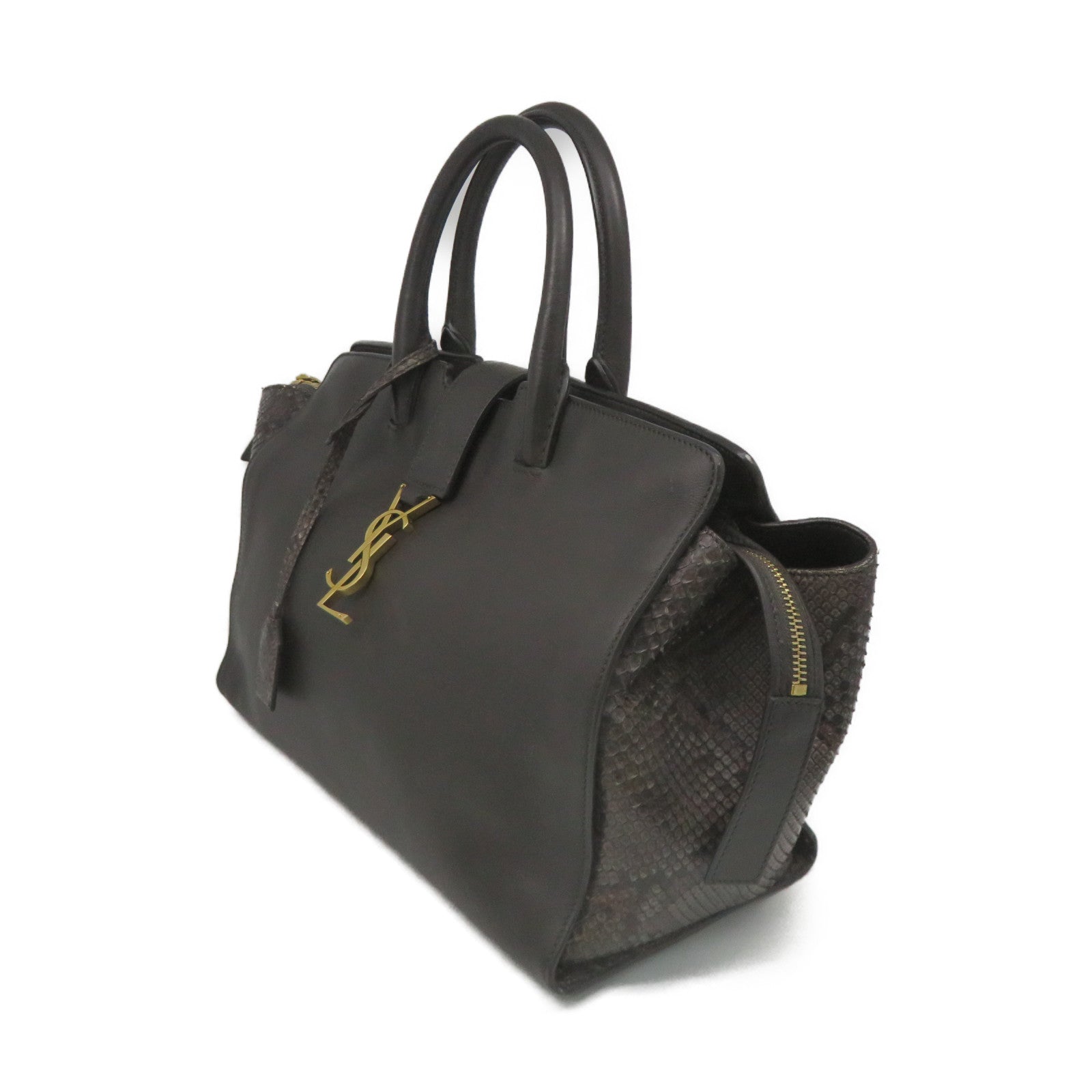 SAINT LAURENT Cowhide Leather / Snake Leather Way Shoulder Bag Handle Shoulder Bag Brown