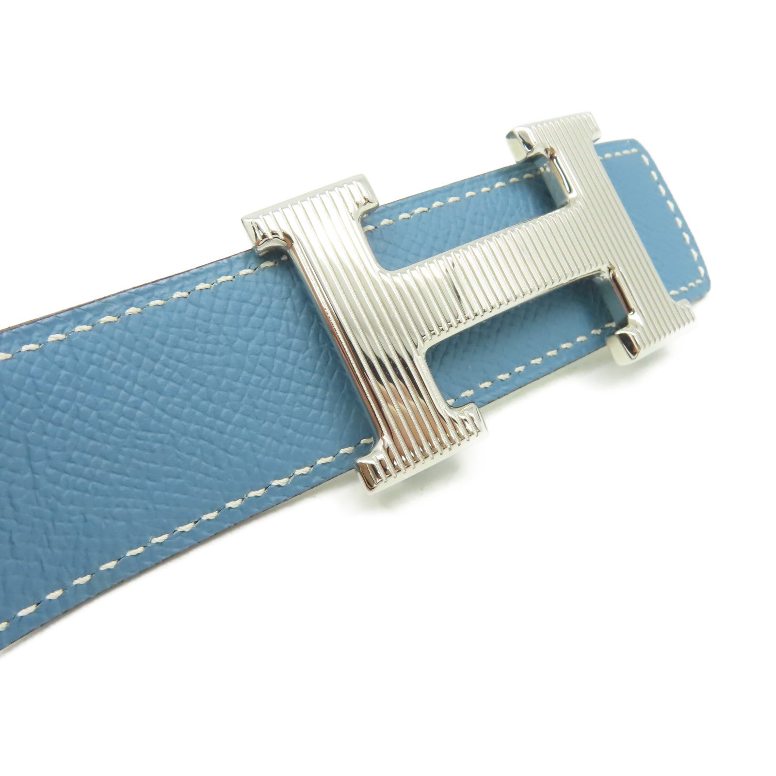 HERMES Epsom皮革H Belt銀扣皮帶Blue Jean牛仔藍